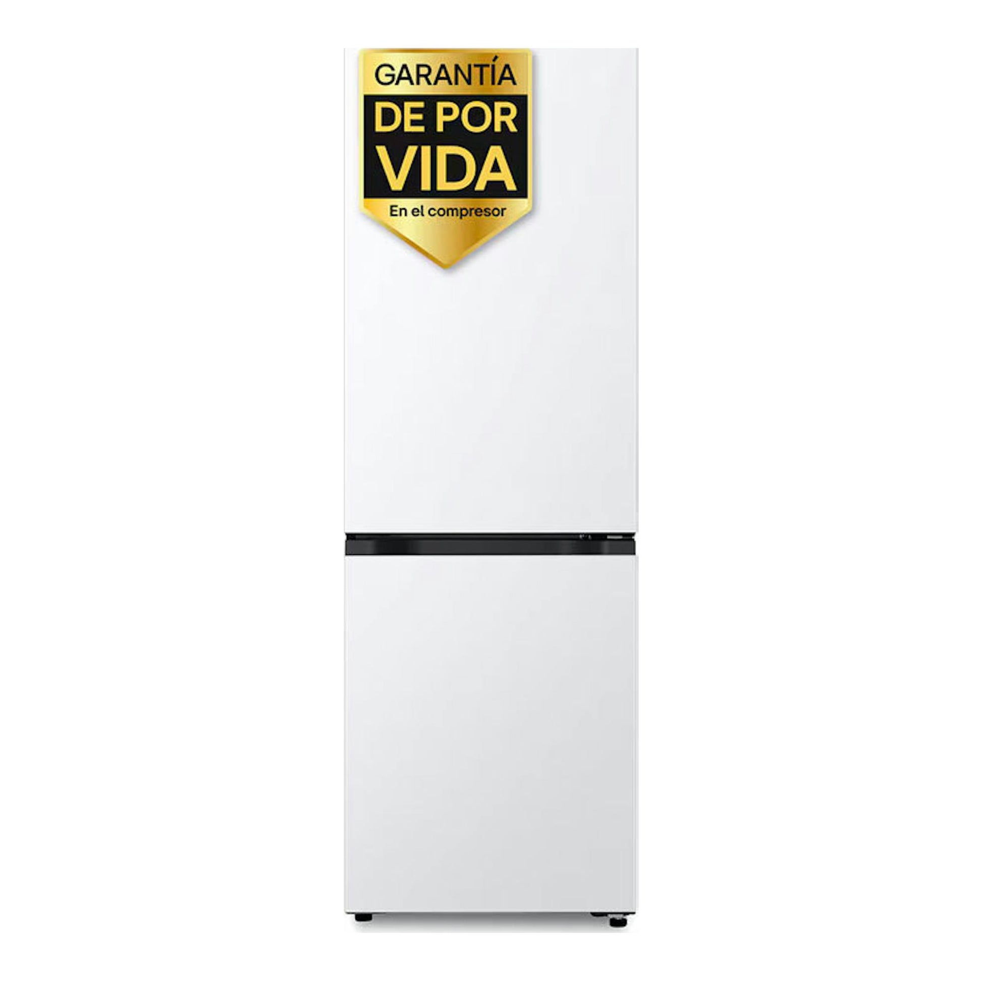 Frigorífico combi LG GBBSJ10DSW blanco, vista frontal, con separador negro y pegatina de garantía.