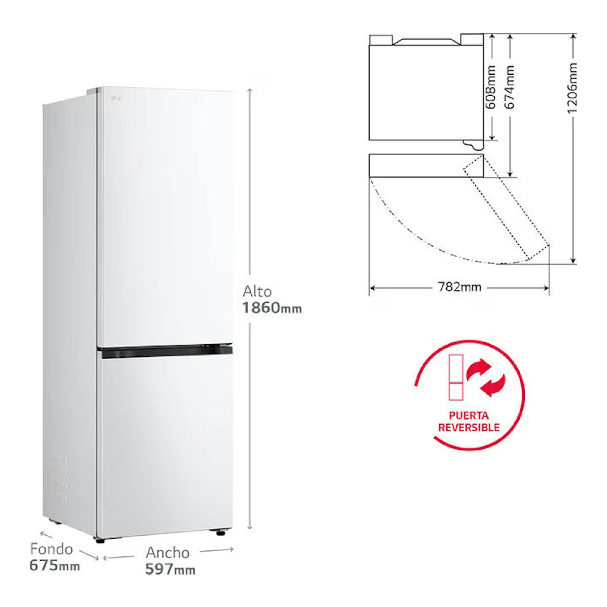 Frigorífico combi LG GBBSJ10DSW blanco, vista frontal 3/4, con medidas de alto, ancho y fondo y puerta reversible.