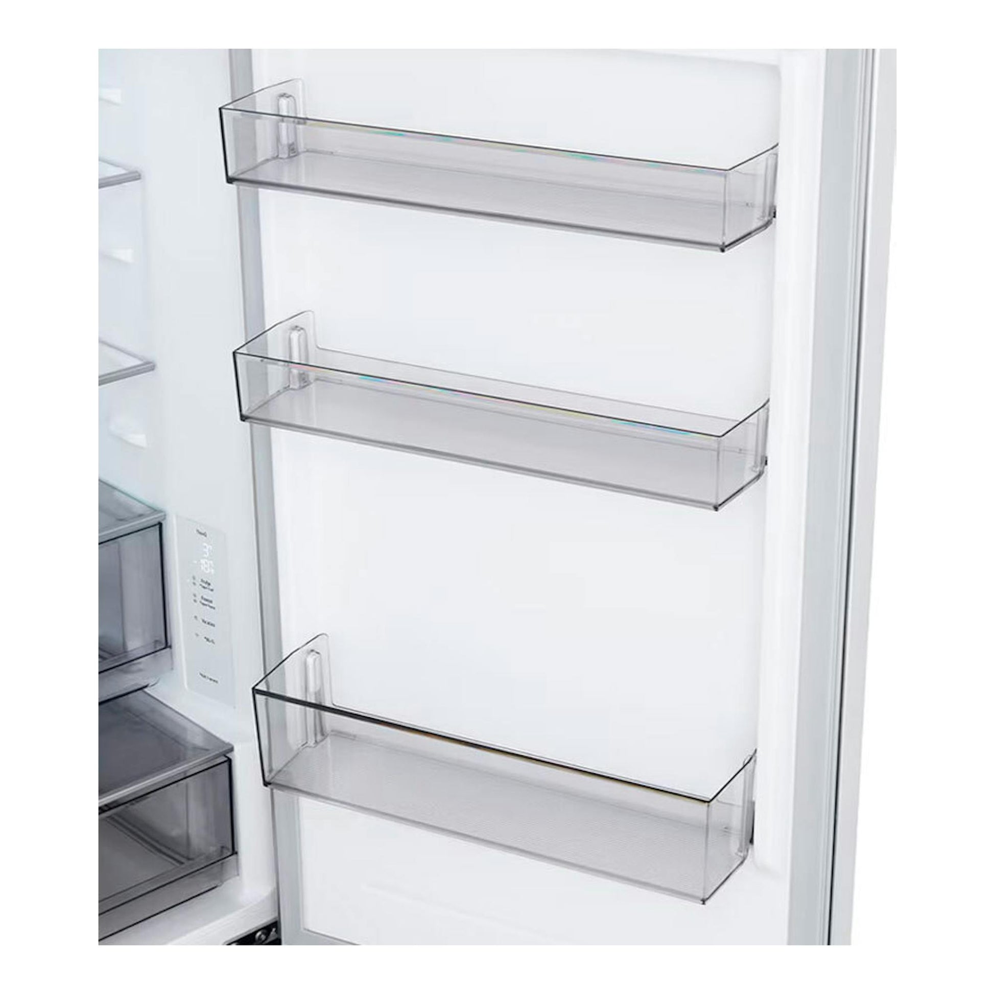 Interior de frigorífico combi LG GBBSJ10DSW blanco, con estantes de la puerta transparentes.