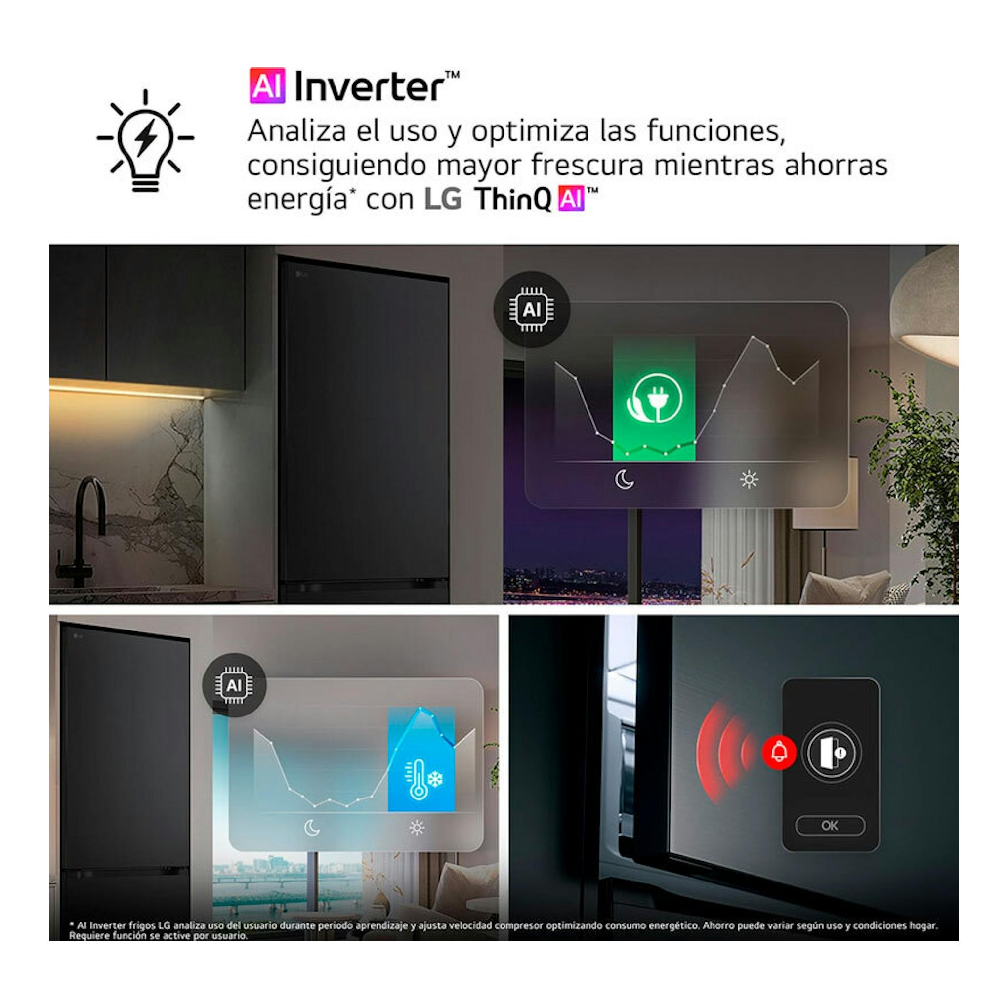 LG GBBSJ10DSW, frigorífico combi negro, vista frontal en cocina, con gráficos de AI Inverter y LG ThinQ AI.
