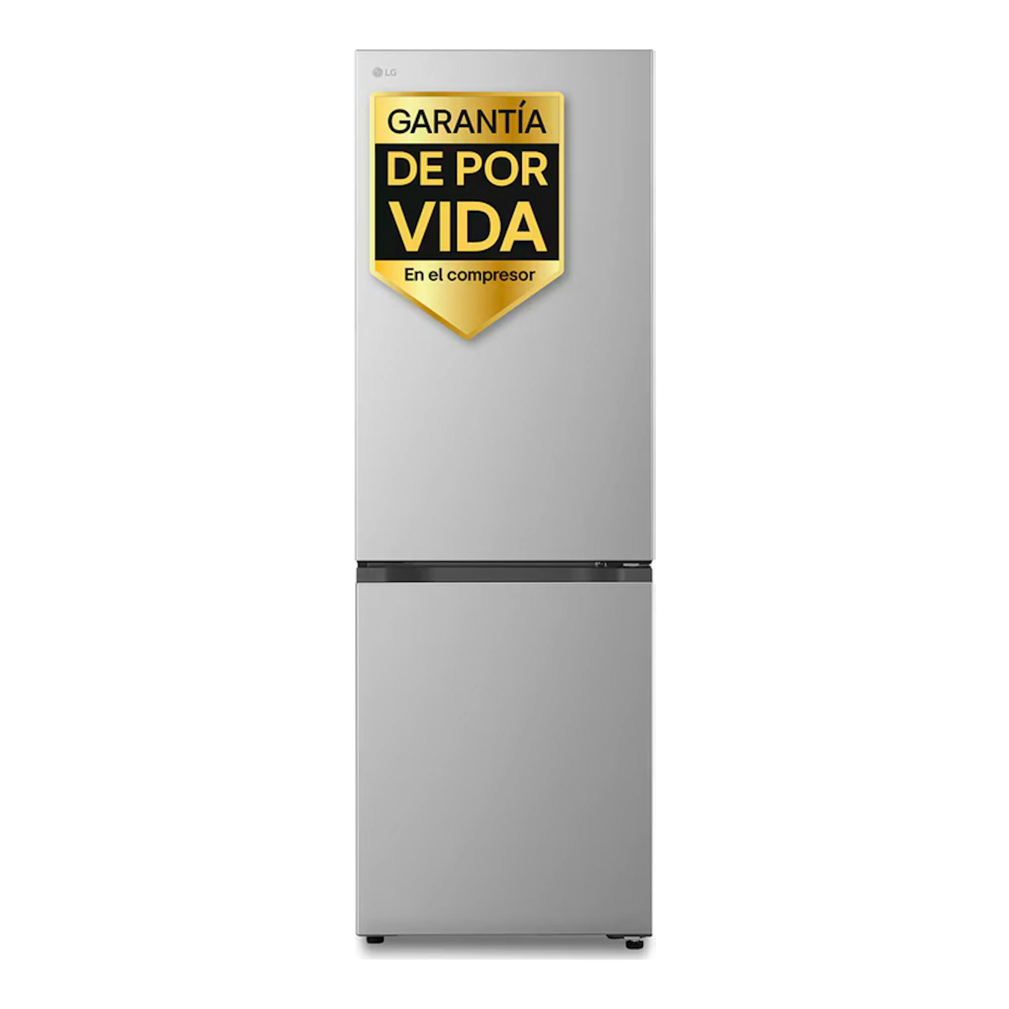 Frigorífico combi LG GBBSJ10EPY inox, vista frontal, con etiqueta “Garantía de por vida” en la puerta.