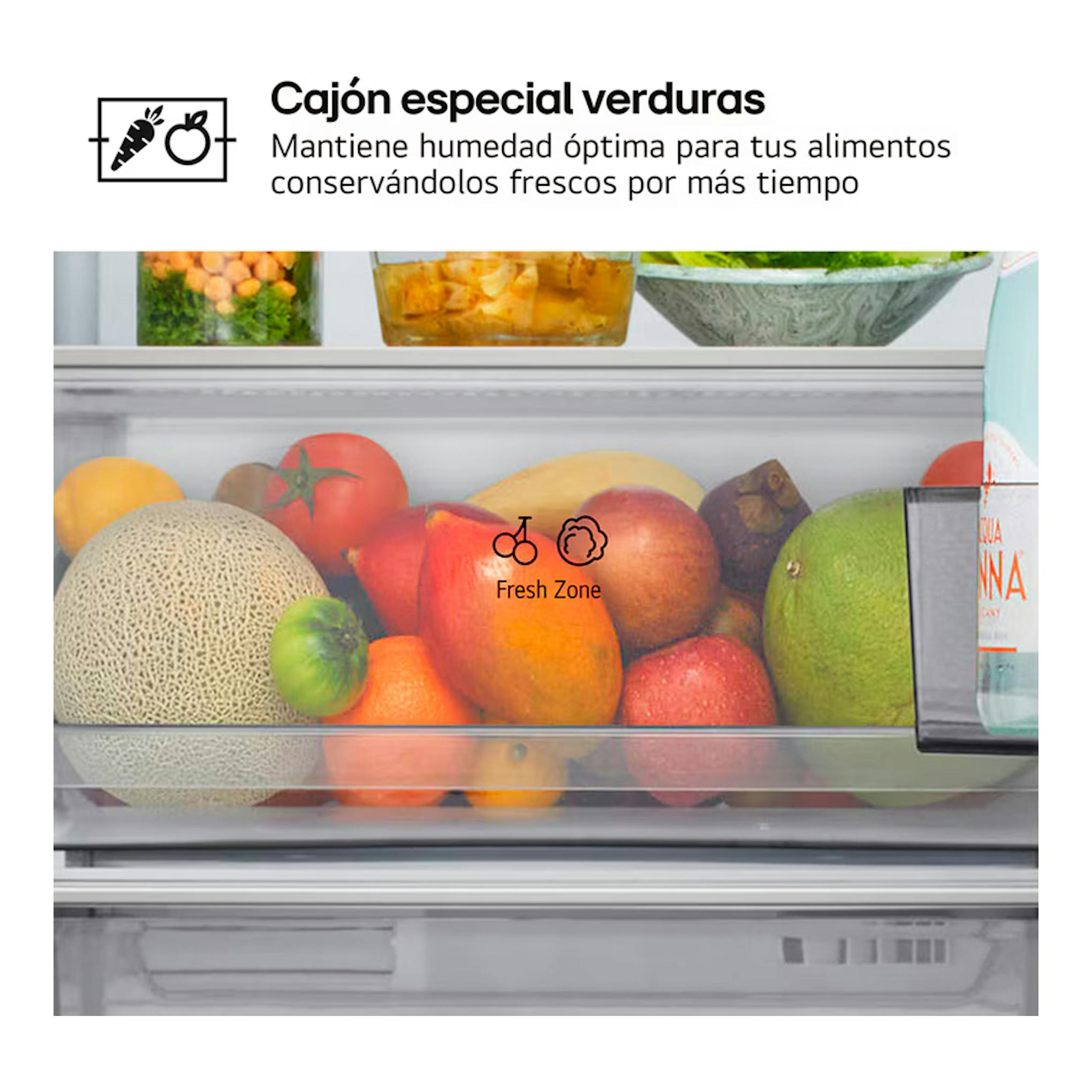 Cajón Fresh Zone de frigorífico LG GBBSJ10EPY inox, vista frontal con frutas y verduras.
