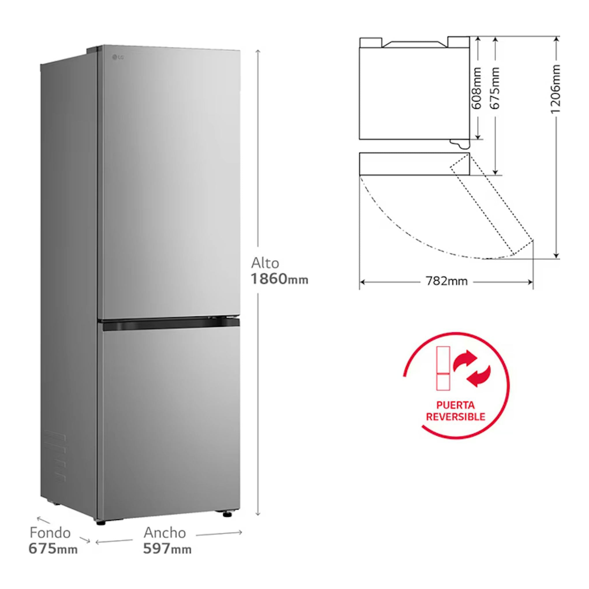 Frigorífico combi LG GBBSJ10EPY inox, vista frontal 3/4, medidas 1860 x 597 x 675 mm, puerta reversible.