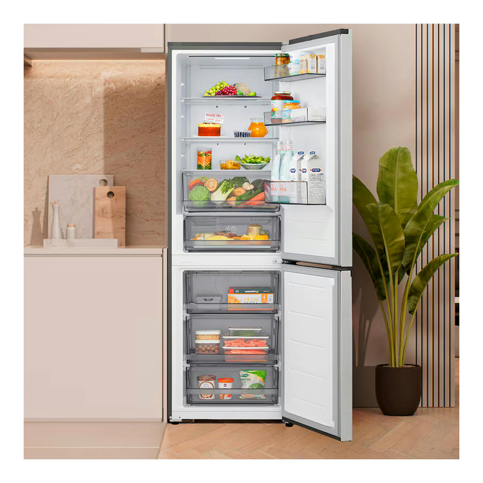 Frigorífico combi LG GBBSJ10EPY inox, frontal con puertas abiertas y compartimentos interiores visibles.