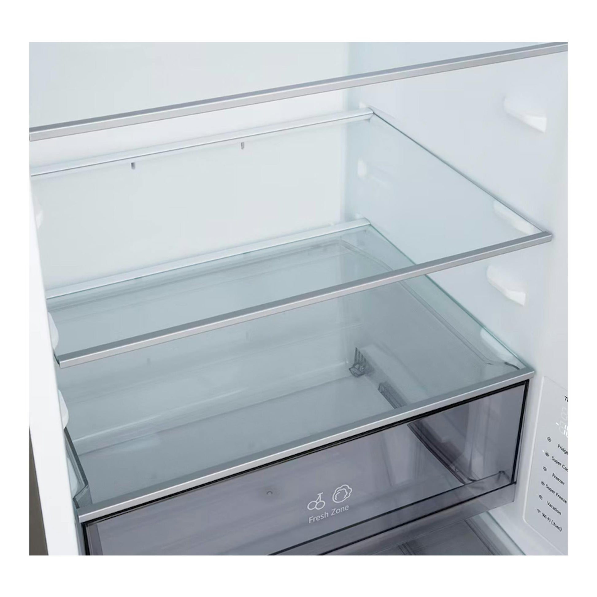 Interior de frigorífico combi LG GBBSJ10EPY inox, con estantes de vidrio y cajón Fresh Zone.