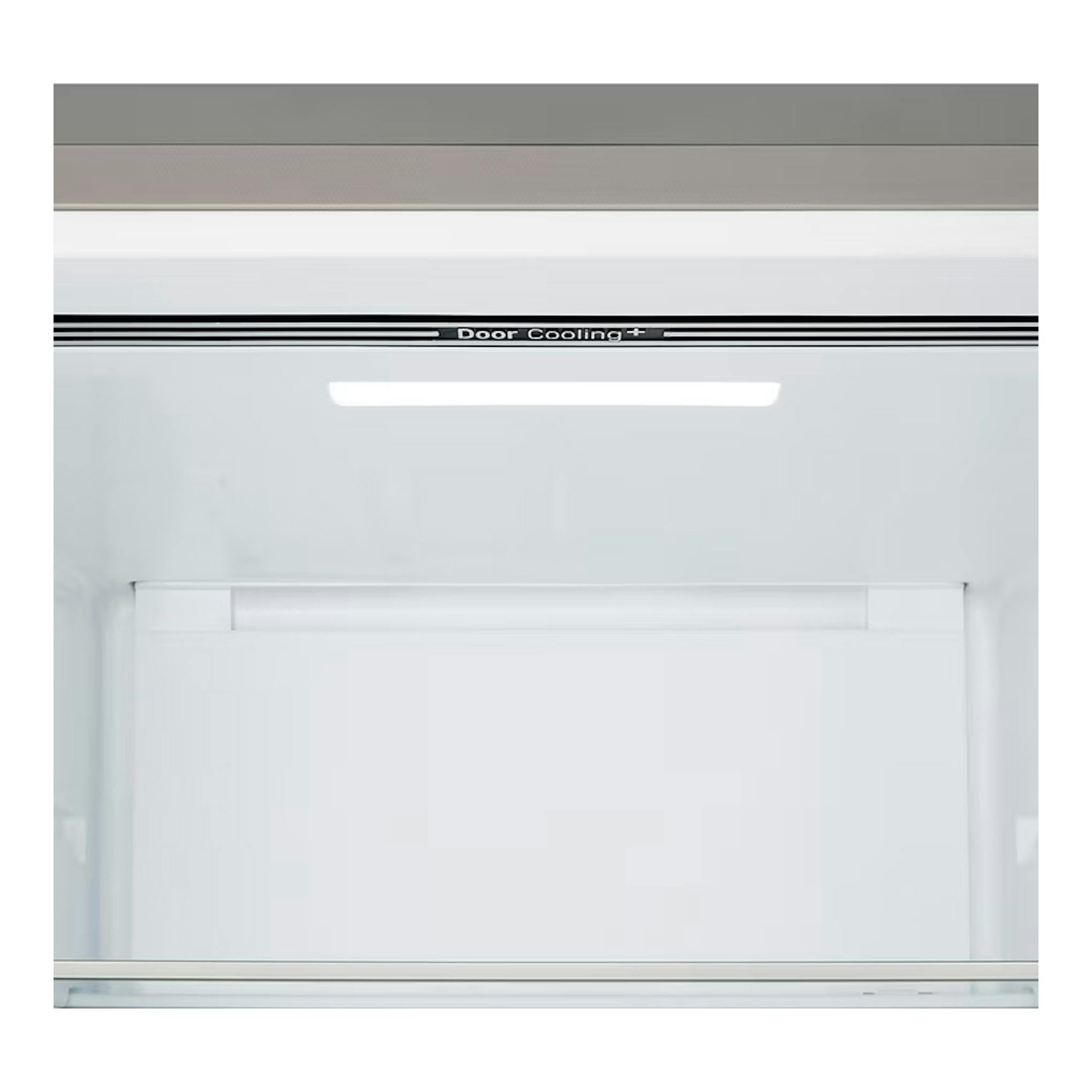 Frigorífico combi LG GBBSJ10EPY inox, vista frontal en primer plano con detalle de Door Cooling+.