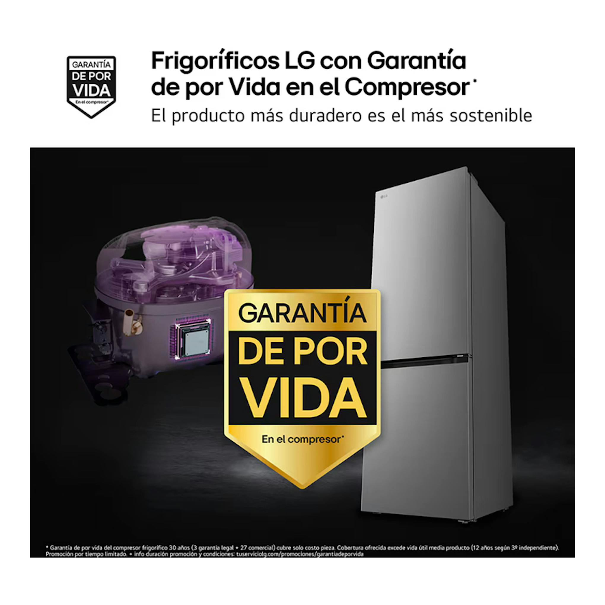 Frigorífico combi LG GBBSJ10EPY inox, vista frontal ligeramente lateral, con sello de garantía y compresor.
