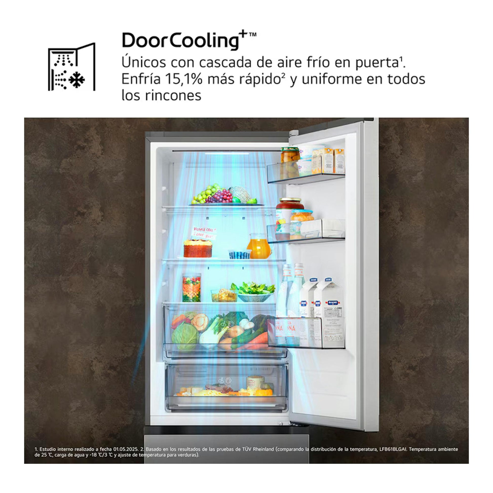 Frigorífico combi LG GBBSJ10EPY inox, vista frontal abierta con interior iluminado y tecnología DoorCooling+