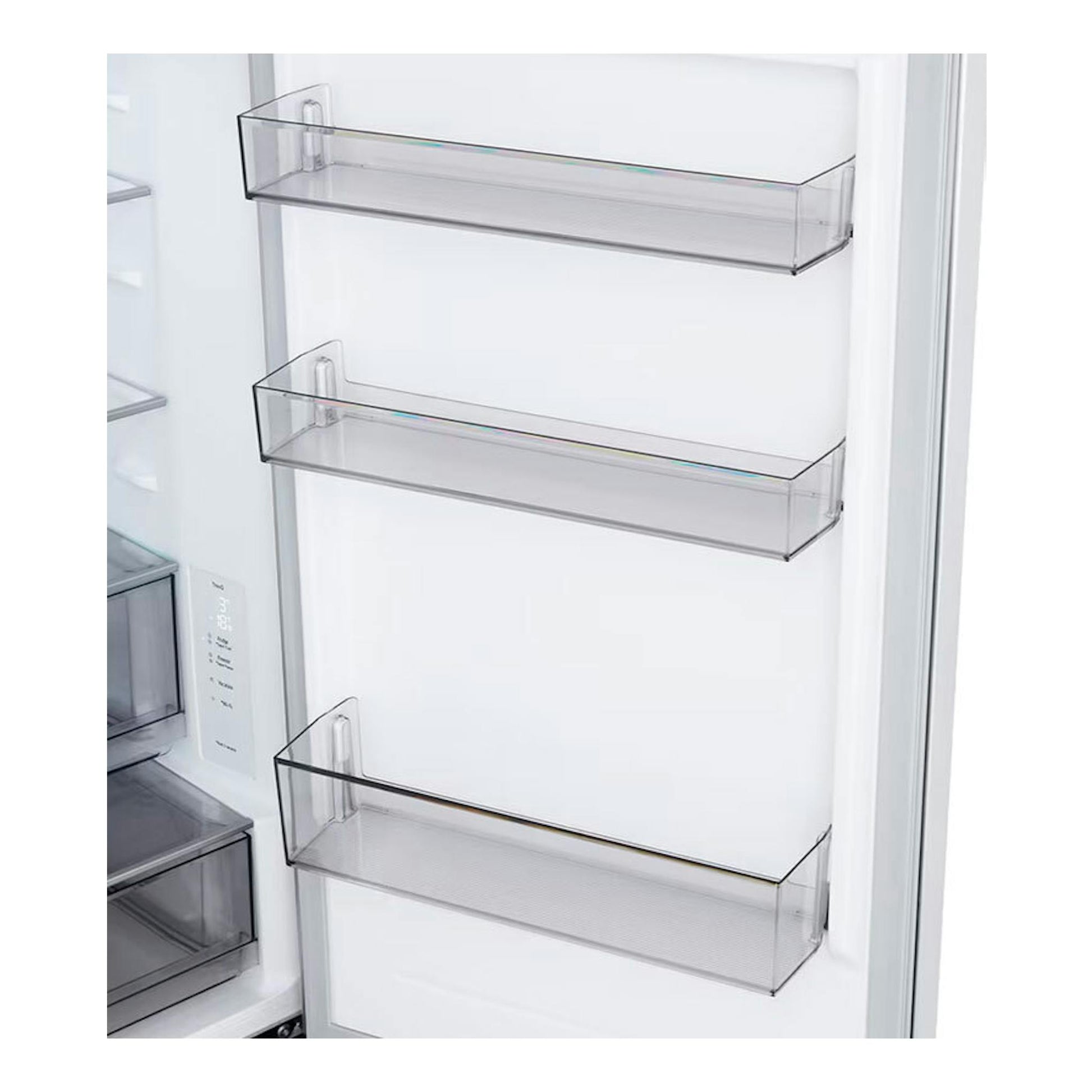 Interior de puerta de frigorífico LG GBBSJ10ESW blanco, con balcones transparentes y vista frontal.