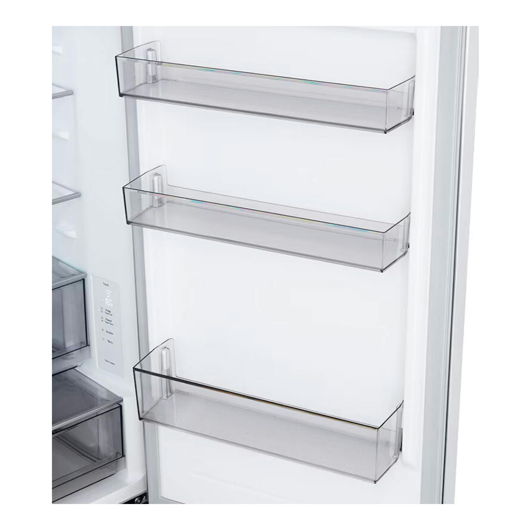 Interior de puerta de frigorífico LG GBBSJ10ESW blanco, con balcones transparentes y vista frontal.