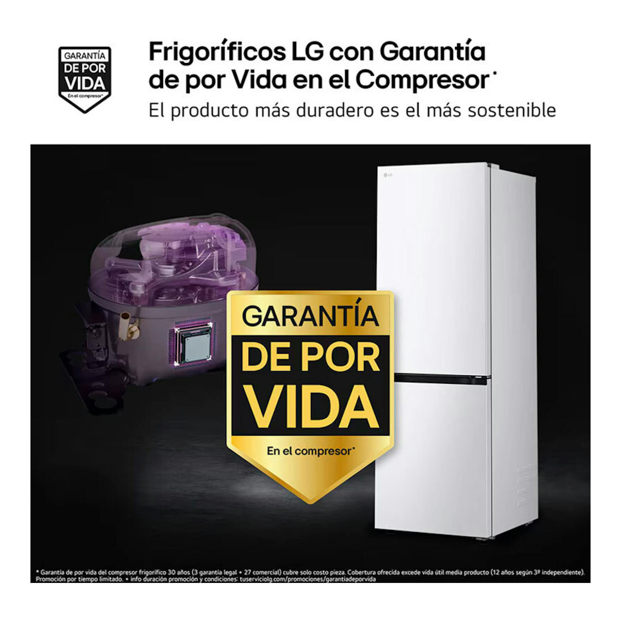 Frigorífico combi LG GBBSJ10ESW blanco, vista frontal, con imagen del compresor.