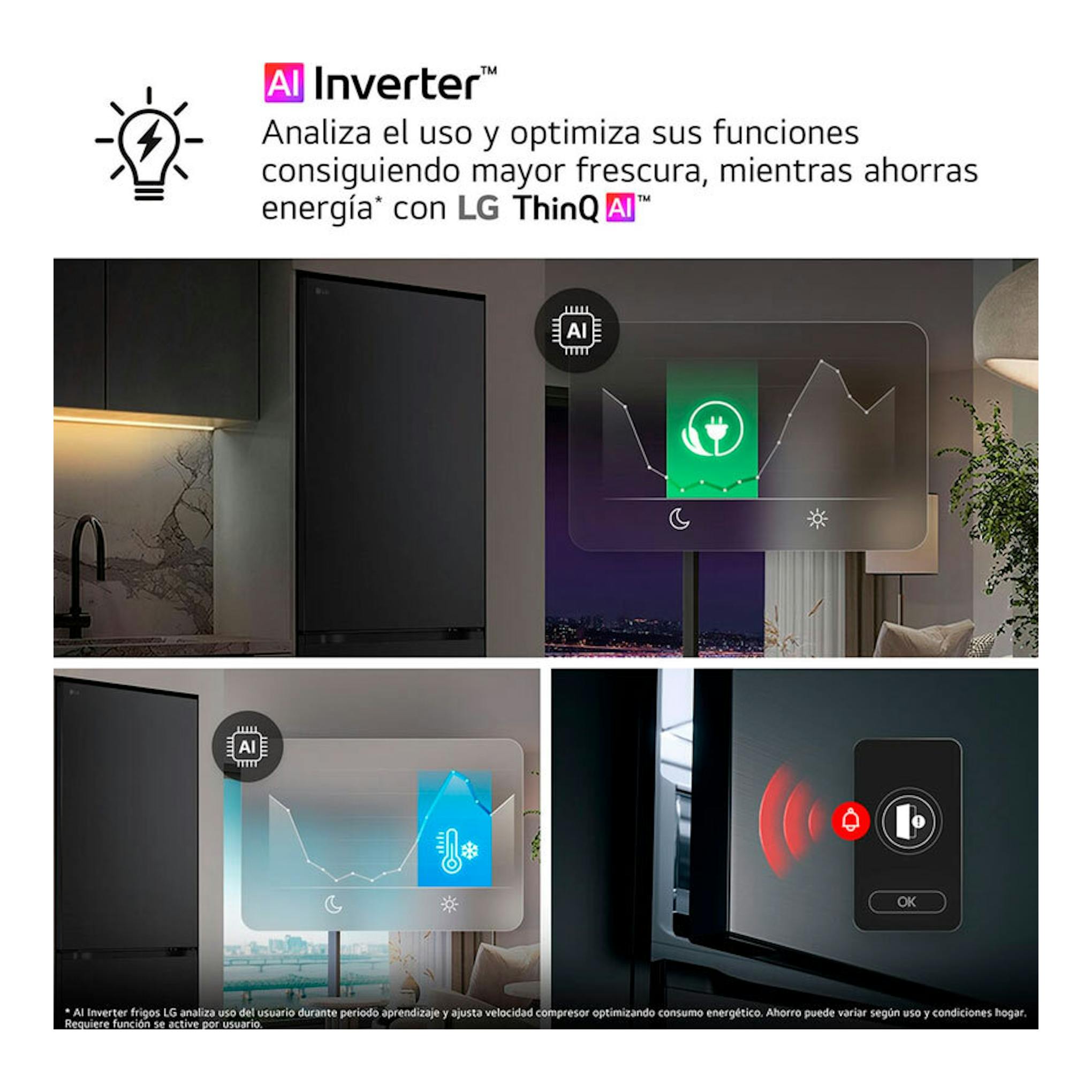 Frigorífico combi LG GBBSJ10ESW negro, vista frontal, con panel AI Inverter y control táctil.