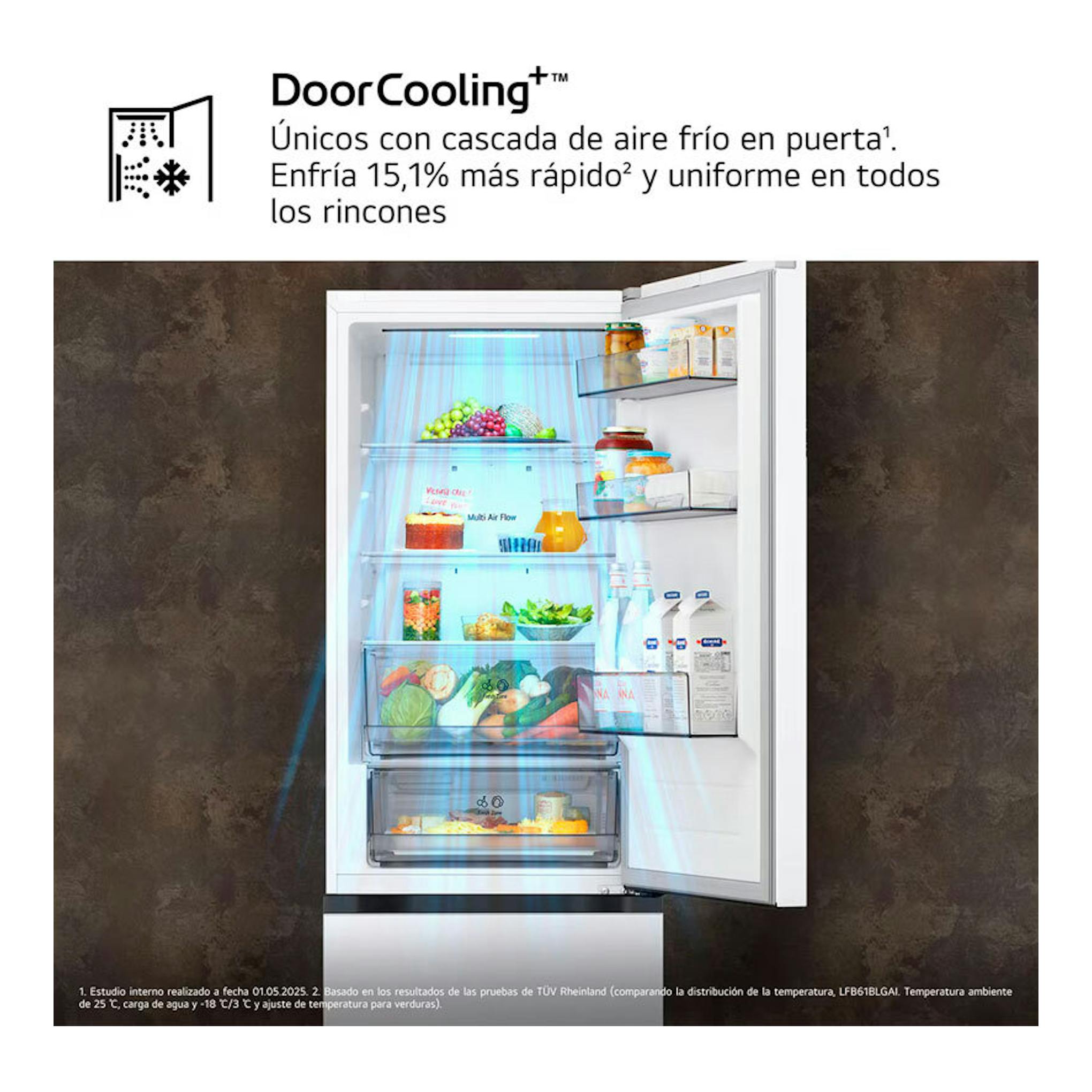 Frigorífico combi LG GBBSJ10ESW blanco, puerta abierta en vista frontal, con estantes y cajones interiores.