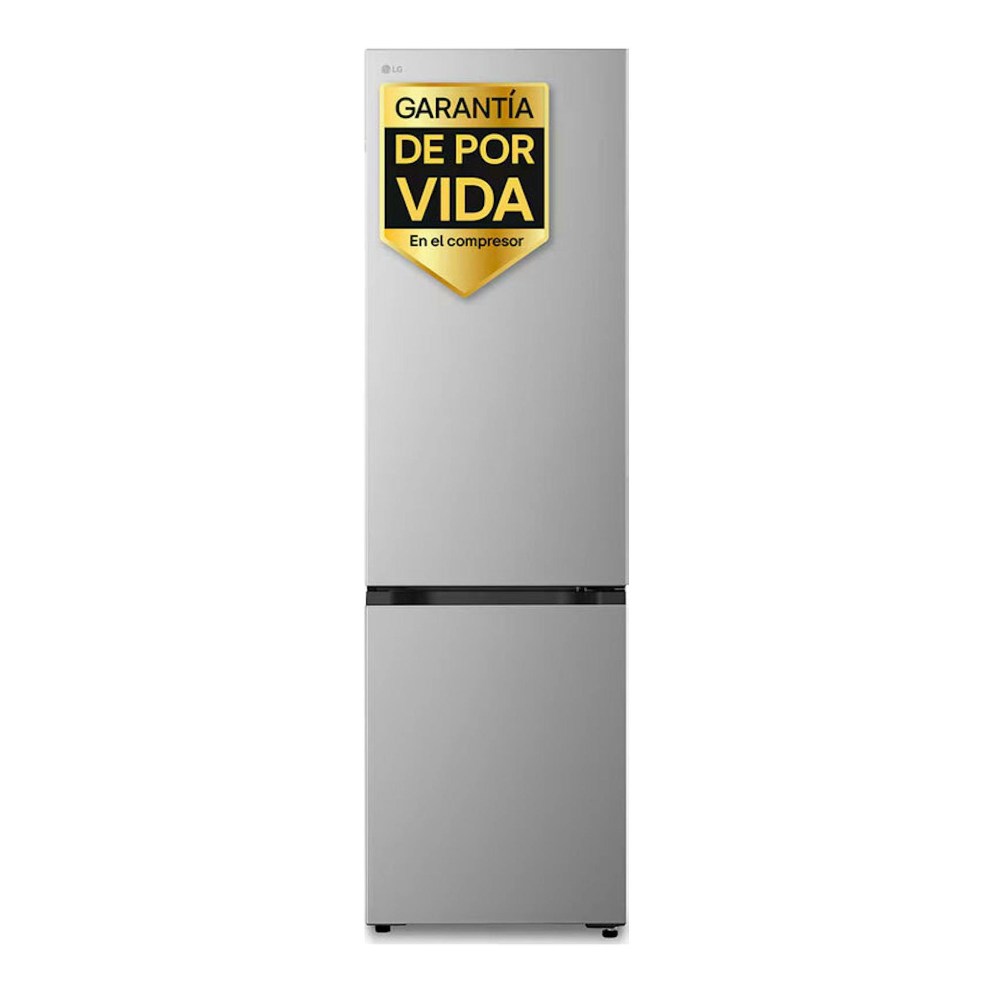 Frigorífico combi LG inox, vista frontal, con distintivo «Garantía de por vida» en el compresor.