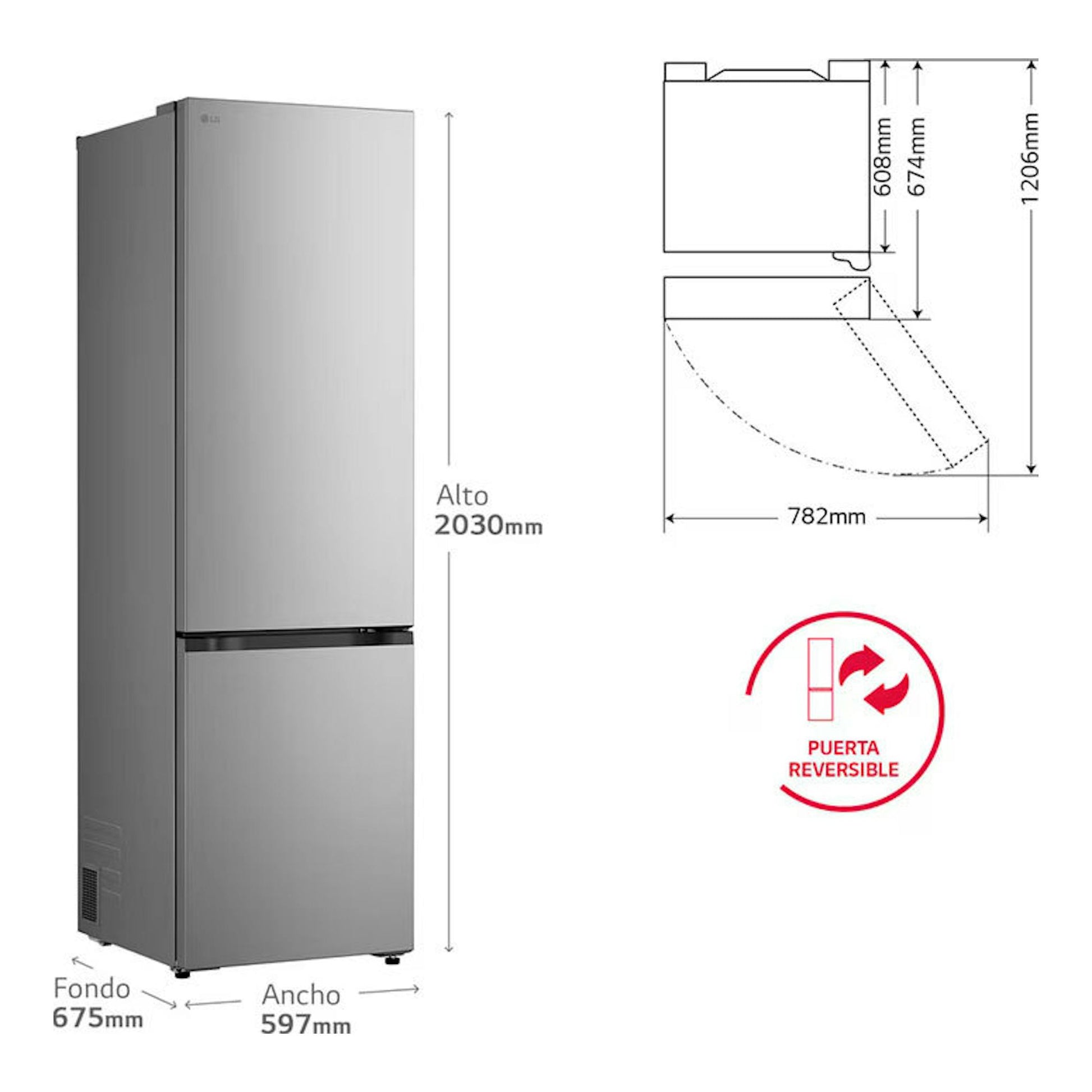 Frigorífico combi LG GBBSJ20DPY inox, vista frontal en gris, con medidas y puerta reversible.