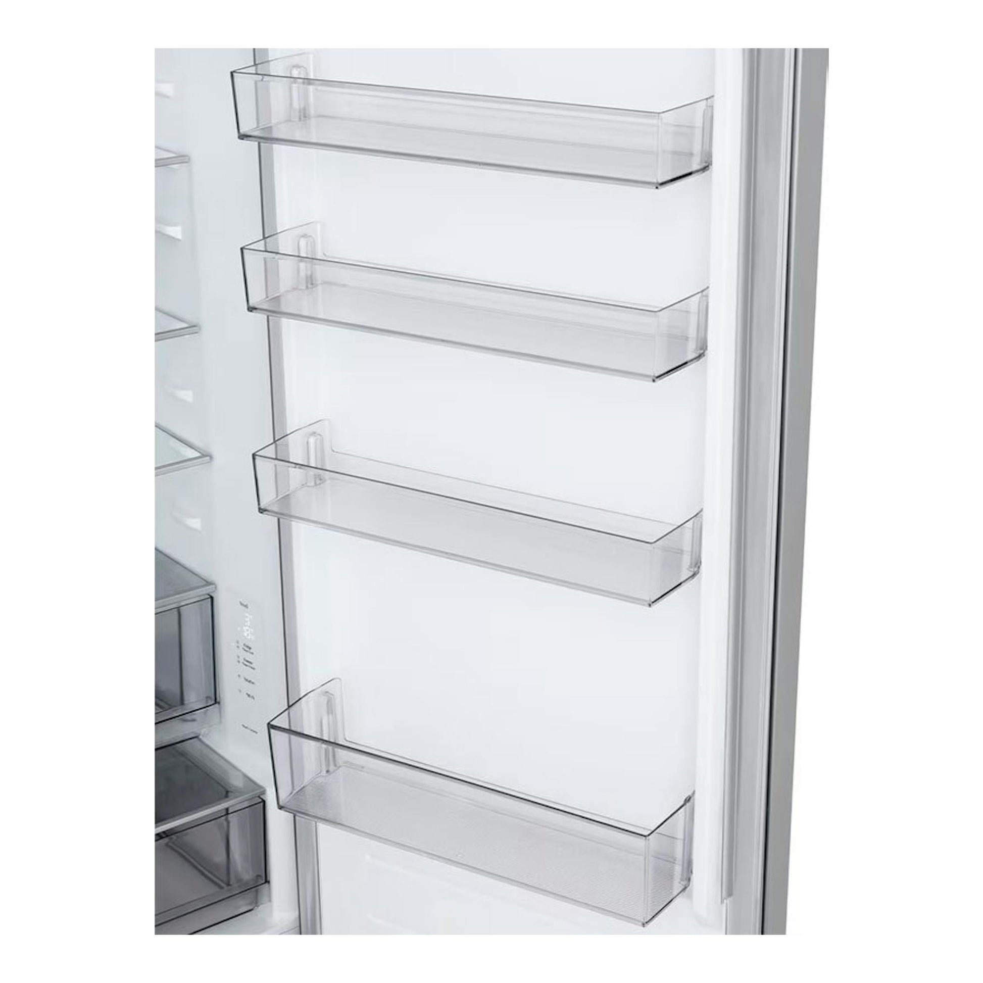 Interior de la puerta de un frigorífico LG GBBSJ20DPY inox, con baldas transparentes en vista frontal.