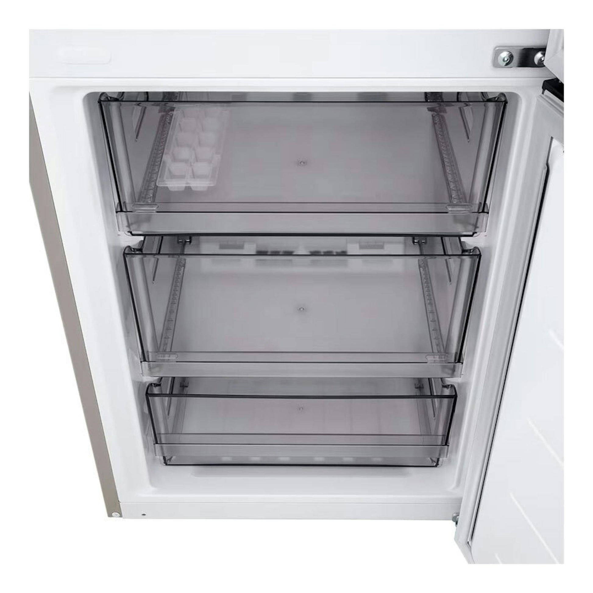 Frigorífico combi LG GBBSJ20DPY inox, vista interior del congelador con tres cajones transparentes abiertos.