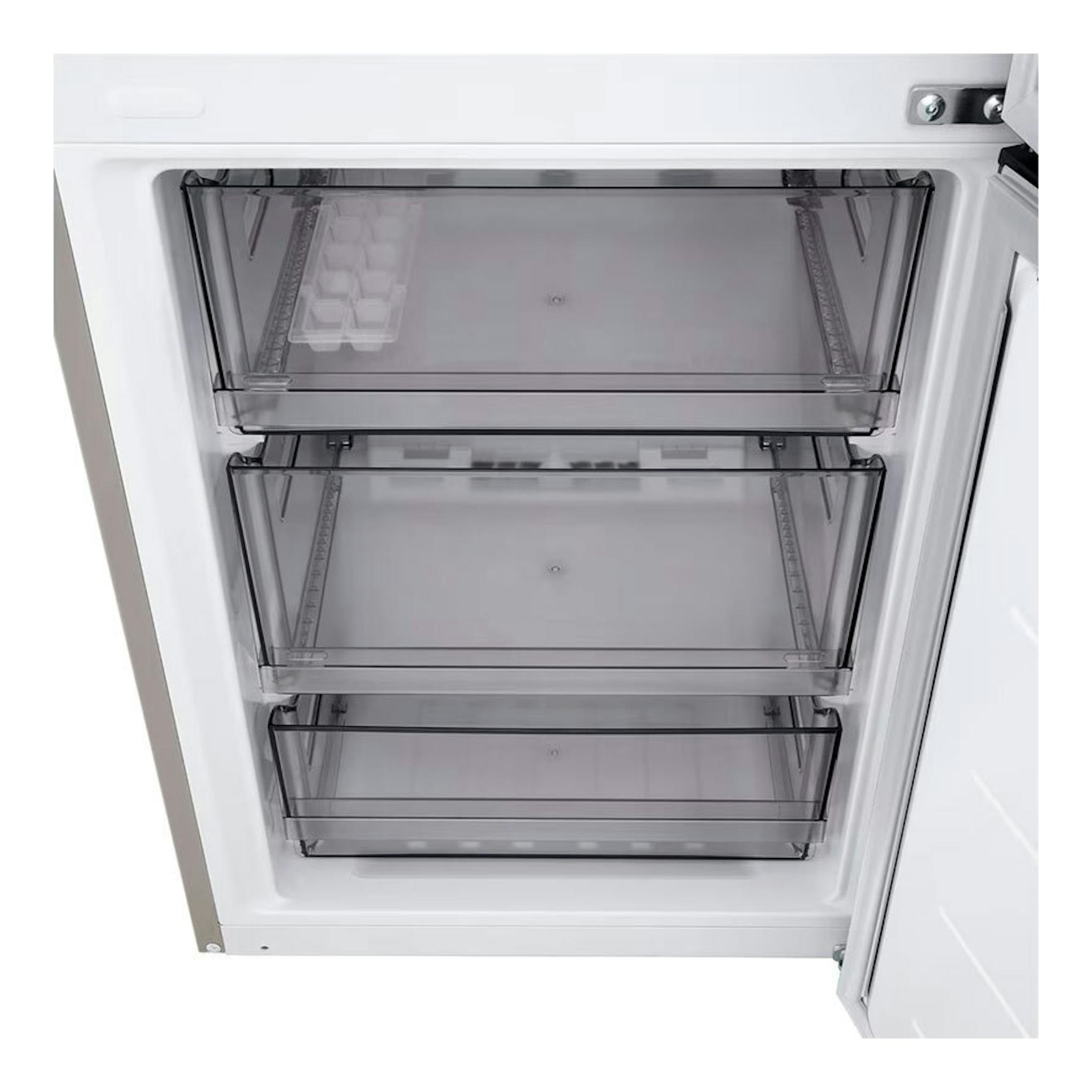 Frigorífico combi LG GBBSJ20DPY inox, vista interior del congelador con tres cajones transparentes abiertos.