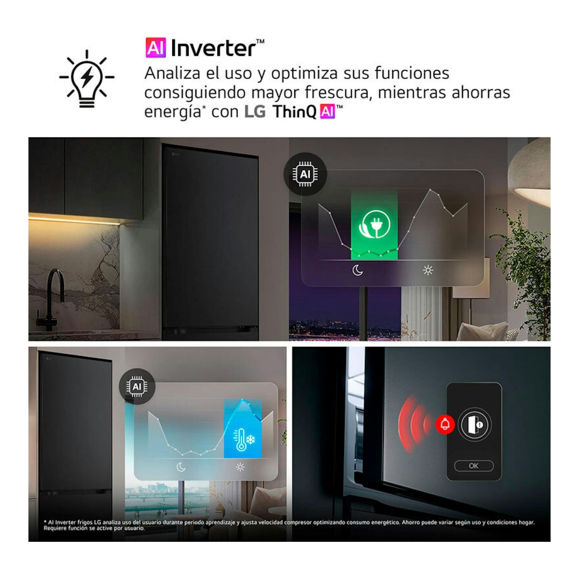 LG GBBSJ20DPY Inox, frigorífico combi negro visto de frente en cocina, con gráficos de AI Inverter.