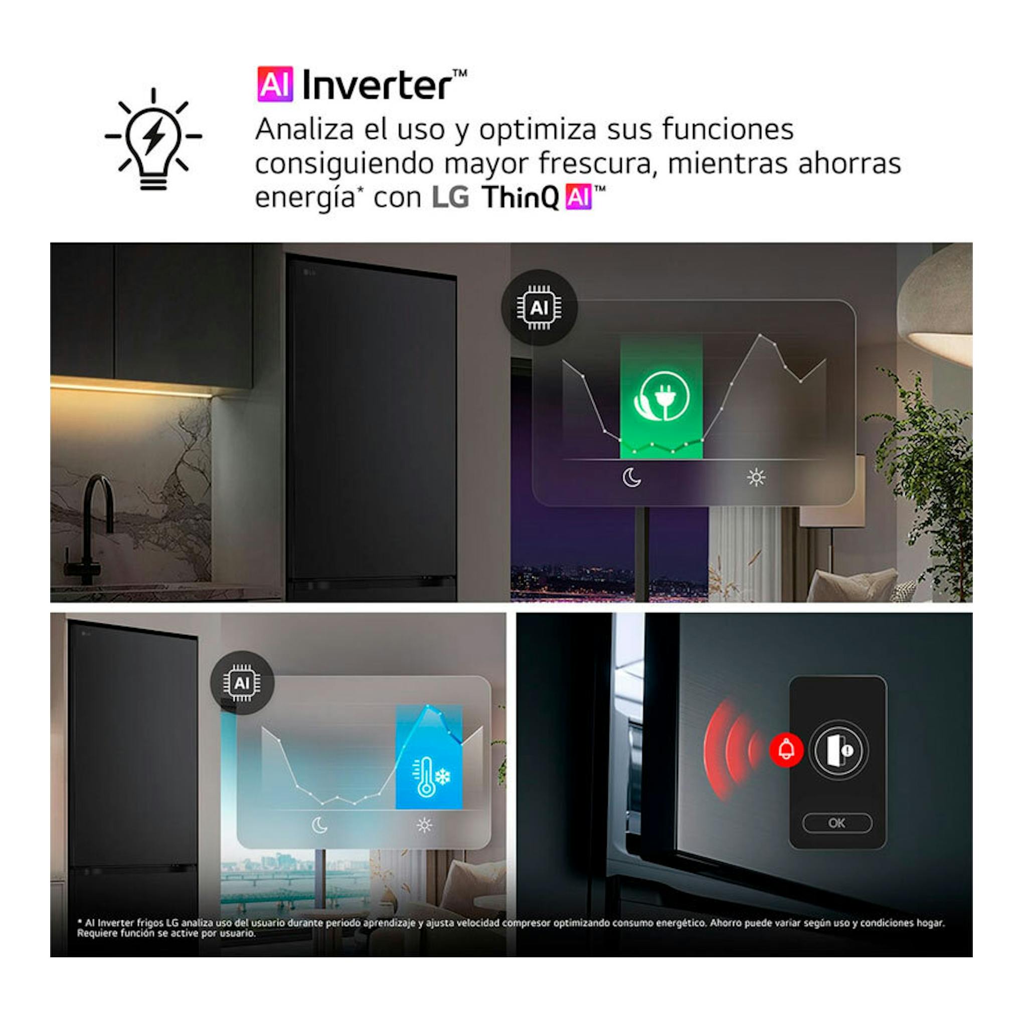 LG GBBSJ20DPY Inox, frigorífico combi negro visto de frente en cocina, con gráficos de AI Inverter.