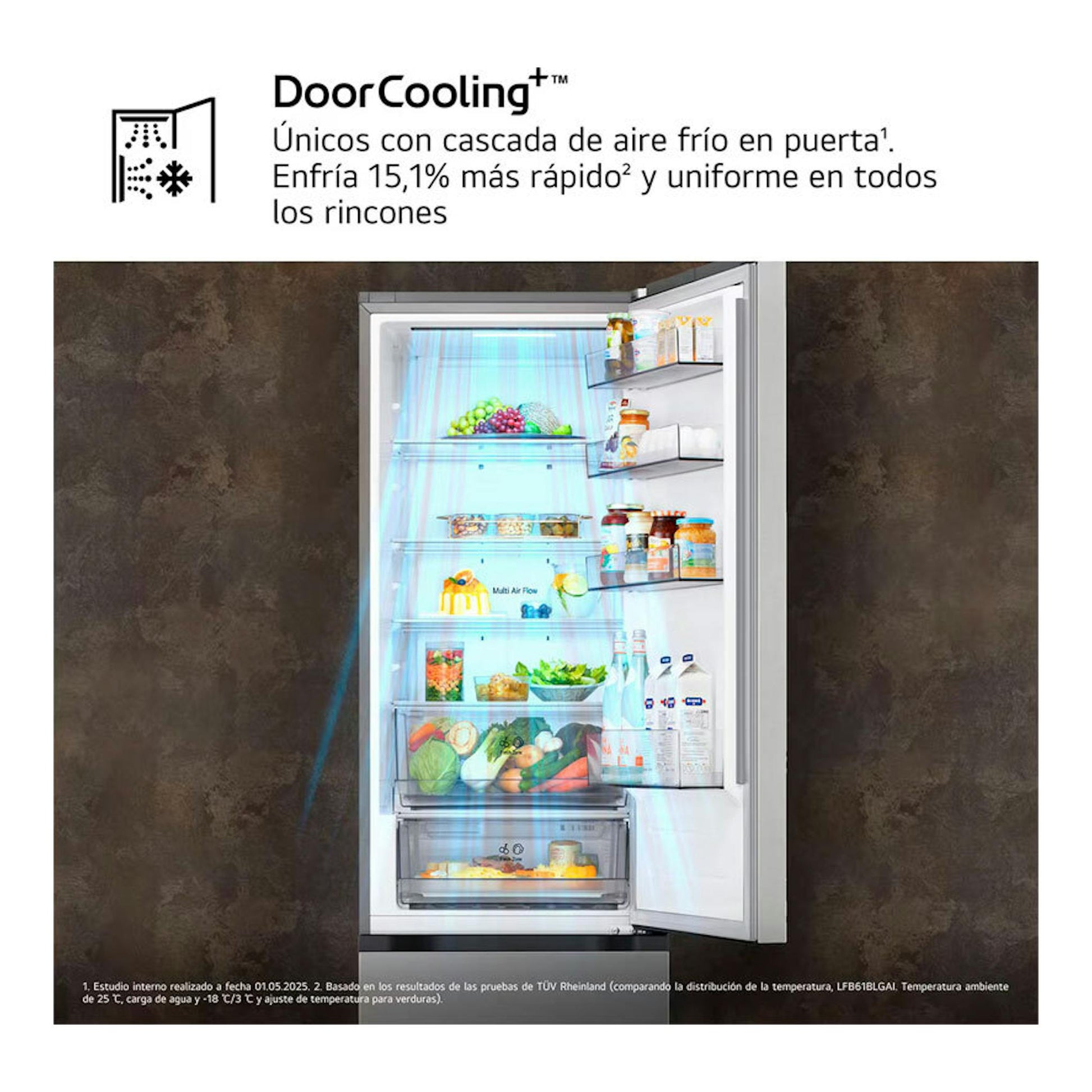 Frigorífico combi LG GBBSJ20DPY inox, vista frontal con puerta abierta y estantes interiores visibles.