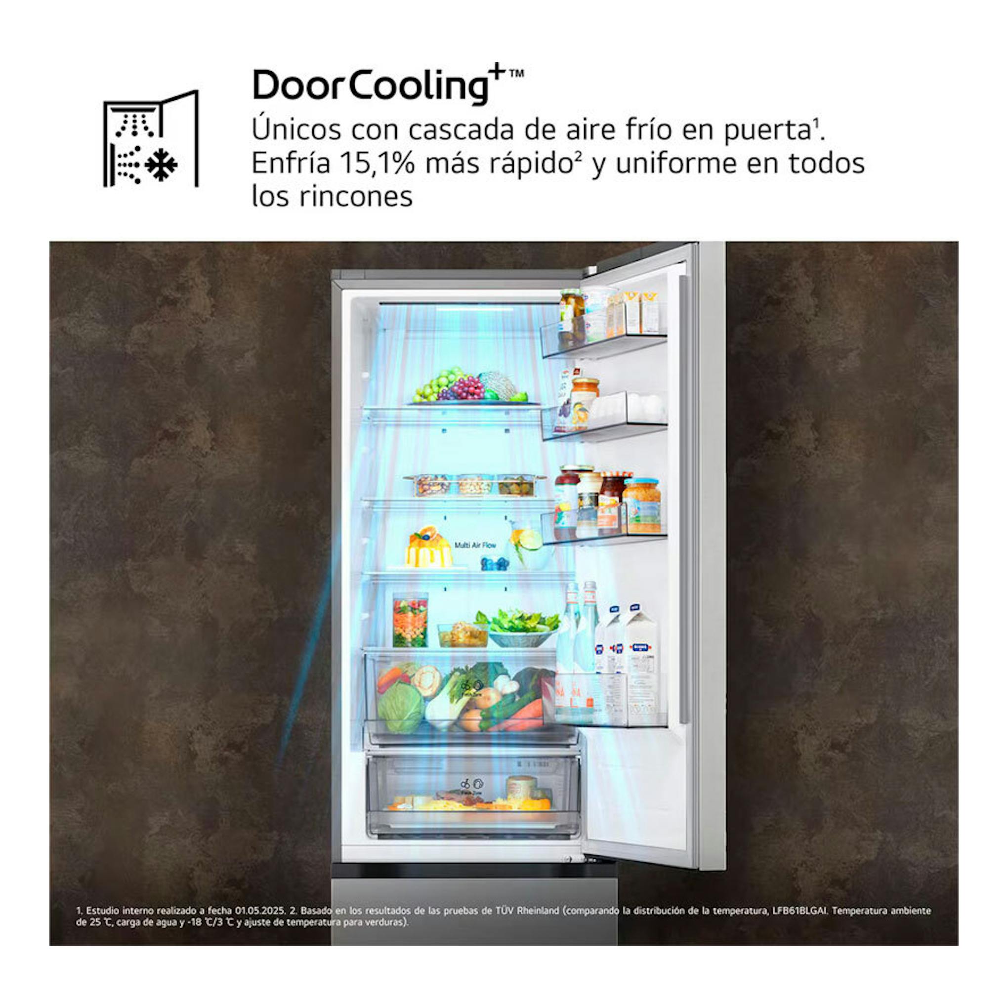 Frigorífico combi LG GBBSJ20DPY inox, vista frontal con puerta abierta y estantes interiores visibles.