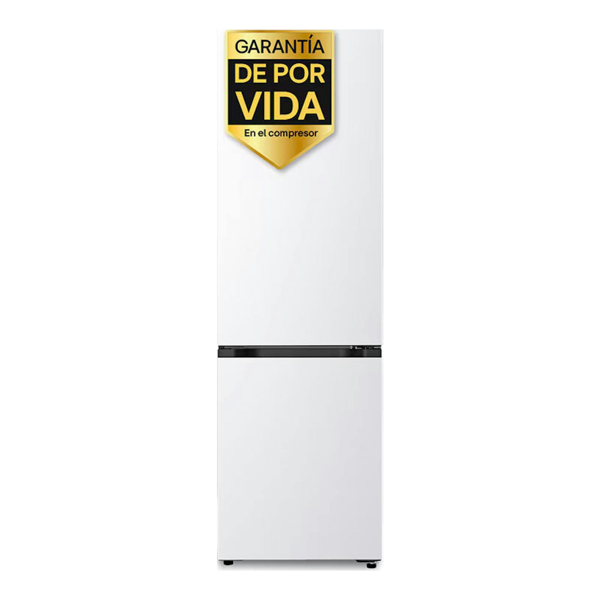 Frigorífico combi LG GBBSJ20DSW blanco, vista frontal, con franja negra central y sello de garantía en la puerta.