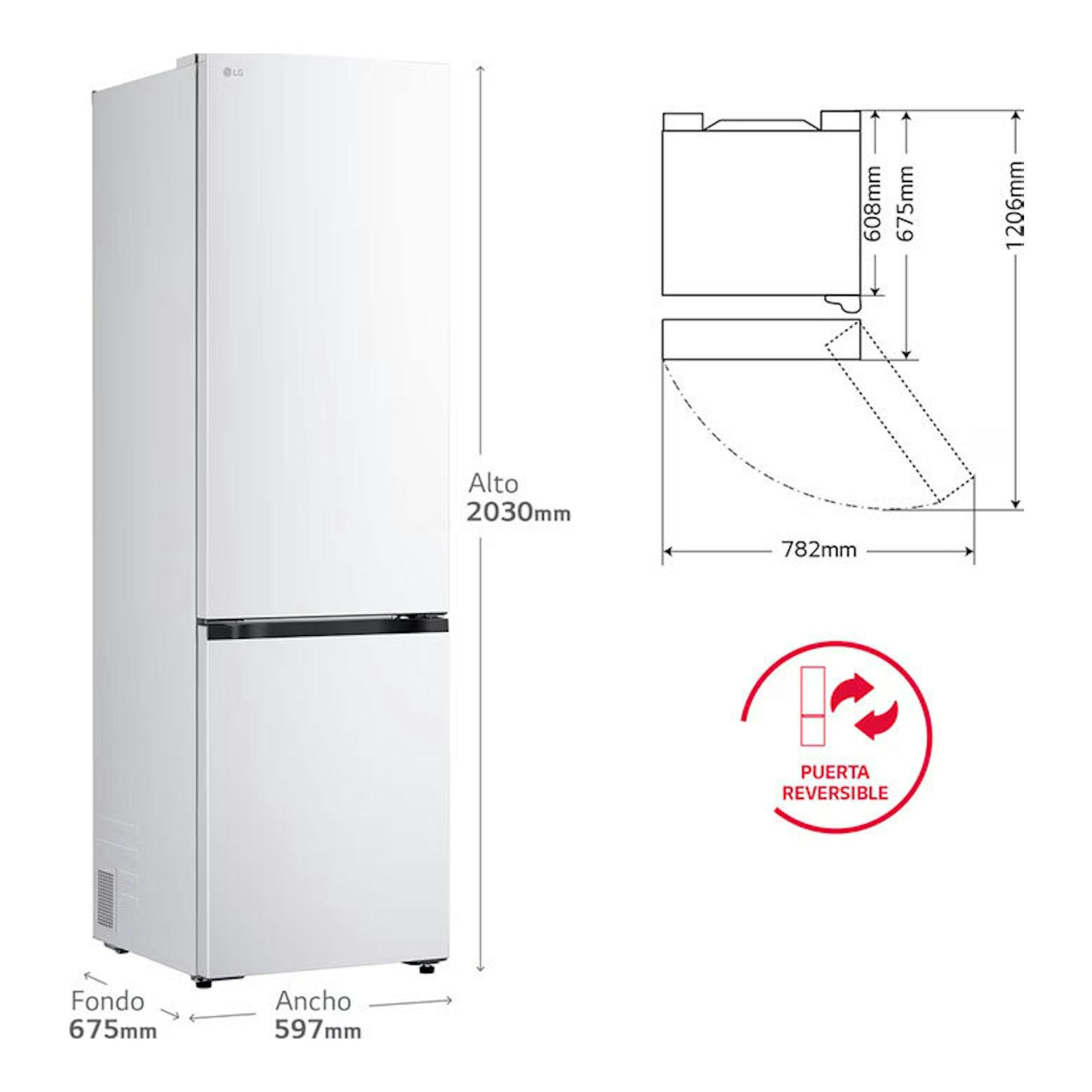 Frigorífico combi LG GBBSJ20DSW blanco, vista frontal y esquema lateral con medidas y puerta reversible.