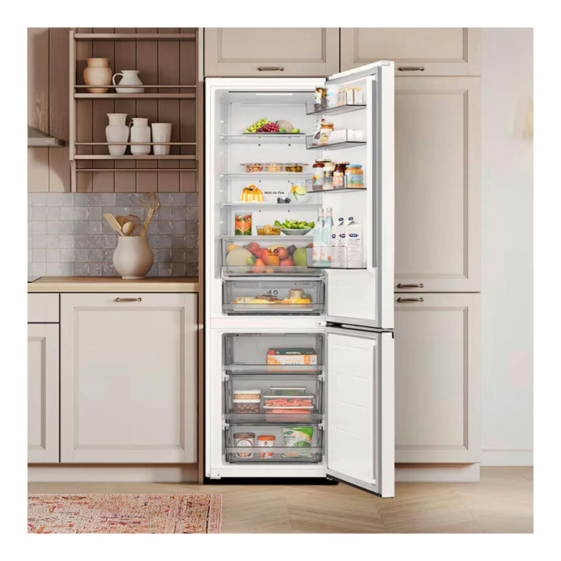 Frigorífico combi LG GBBSJ20DSW blanco, vista frontal con puertas abiertas y compartimentos visibles.