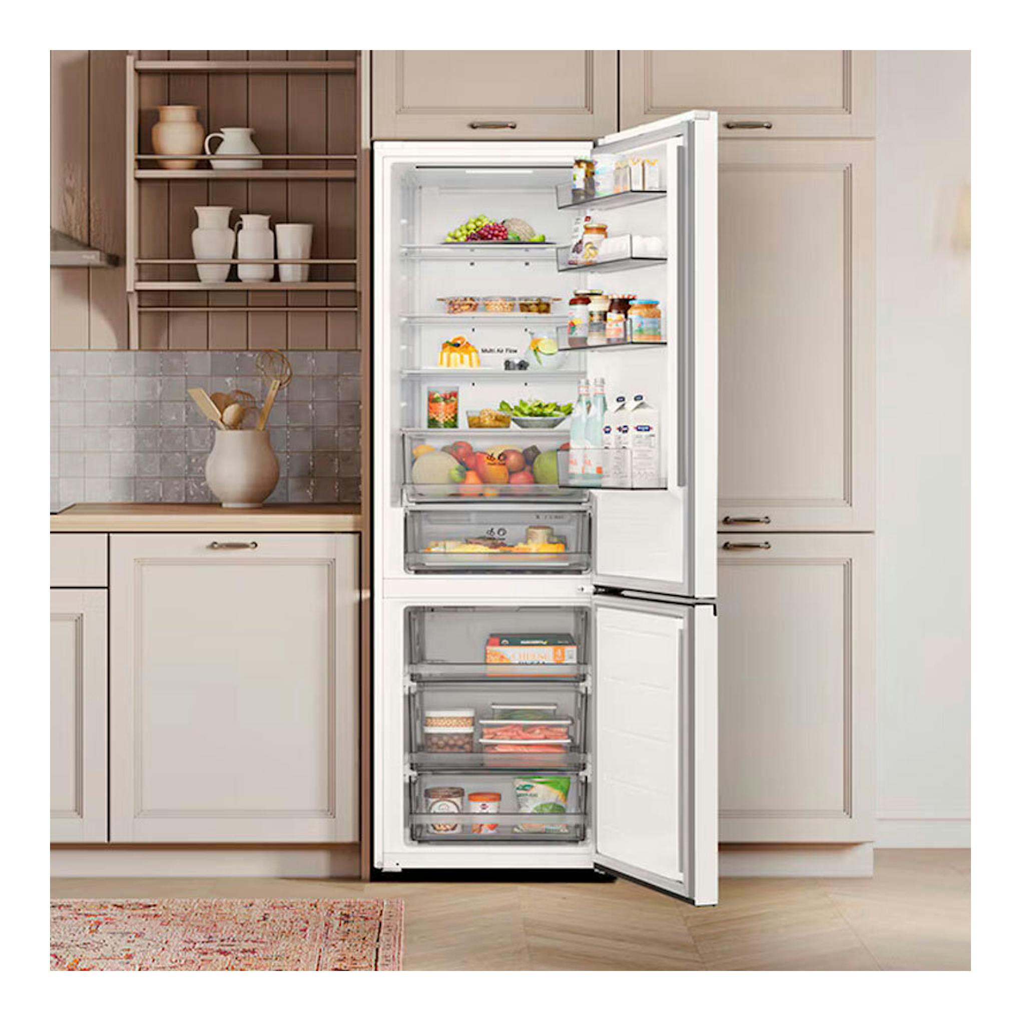 Frigorífico combi LG GBBSJ20DSW blanco, vista frontal con puertas abiertas y compartimentos visibles.