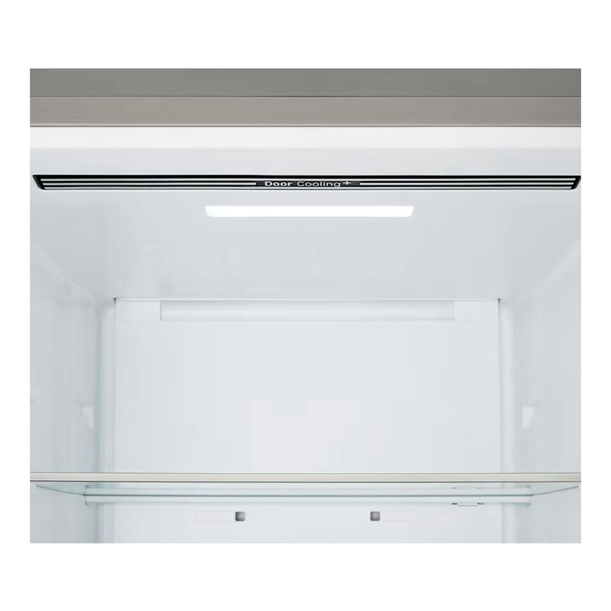 Interior frontal de un frigorífico combi LG GBBSJ20DSW blanco, con rejilla Door Cooling+ visible.
