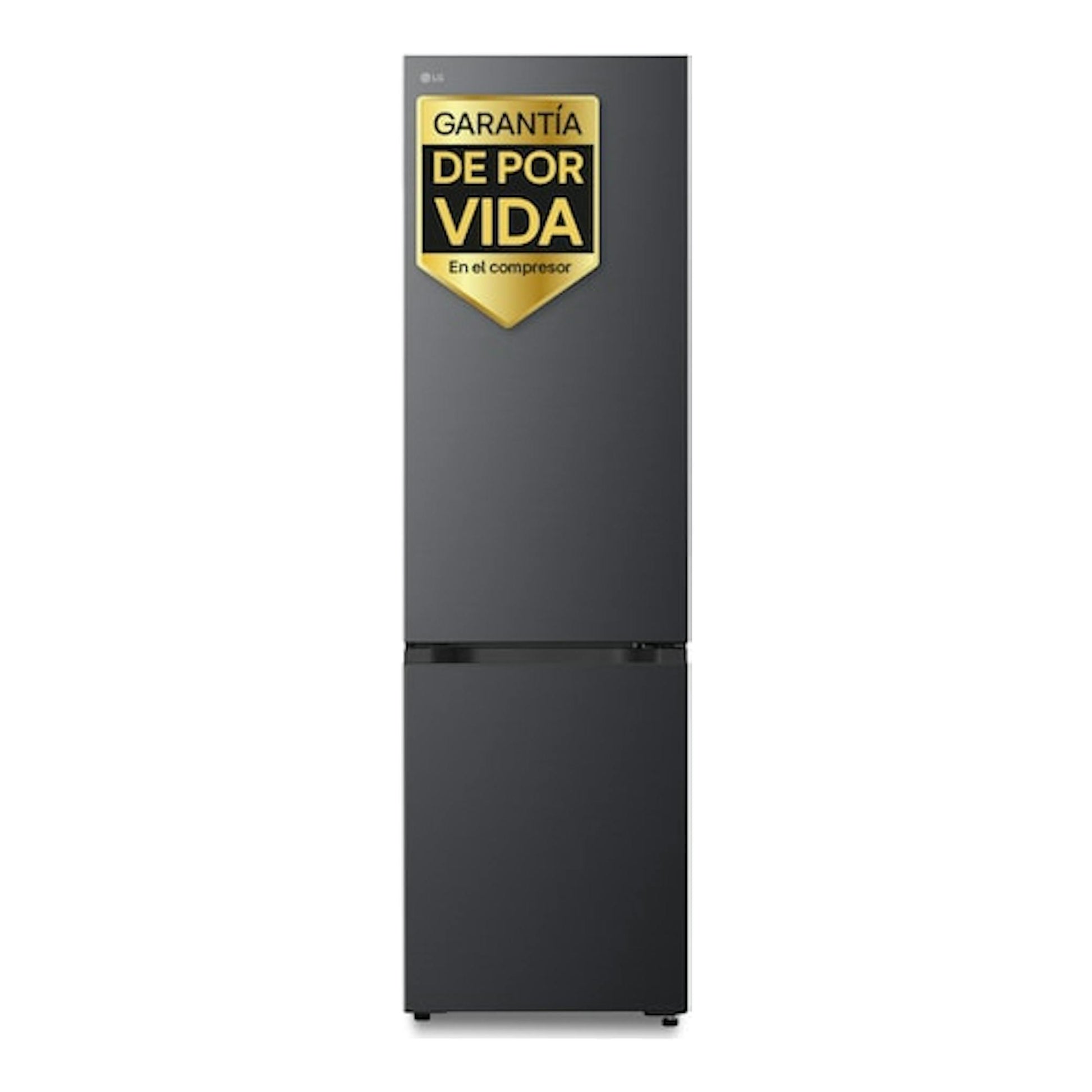 Frigorífico combi LG GBBSJ20EEP negro, vista frontal, con etiqueta de garantía de por vida.