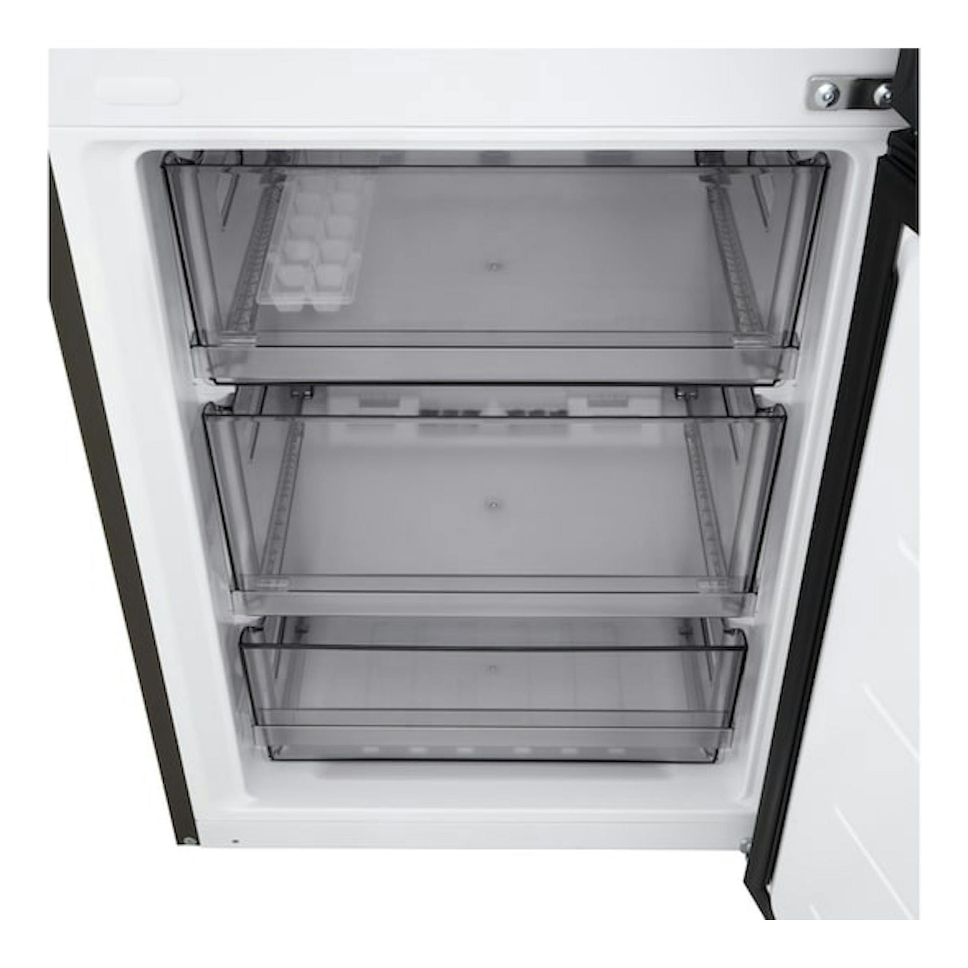 Frigorífico combi LG GBBSJ20EEP blanco, vista frontal del congelador abierto con tres cajones transparentes.