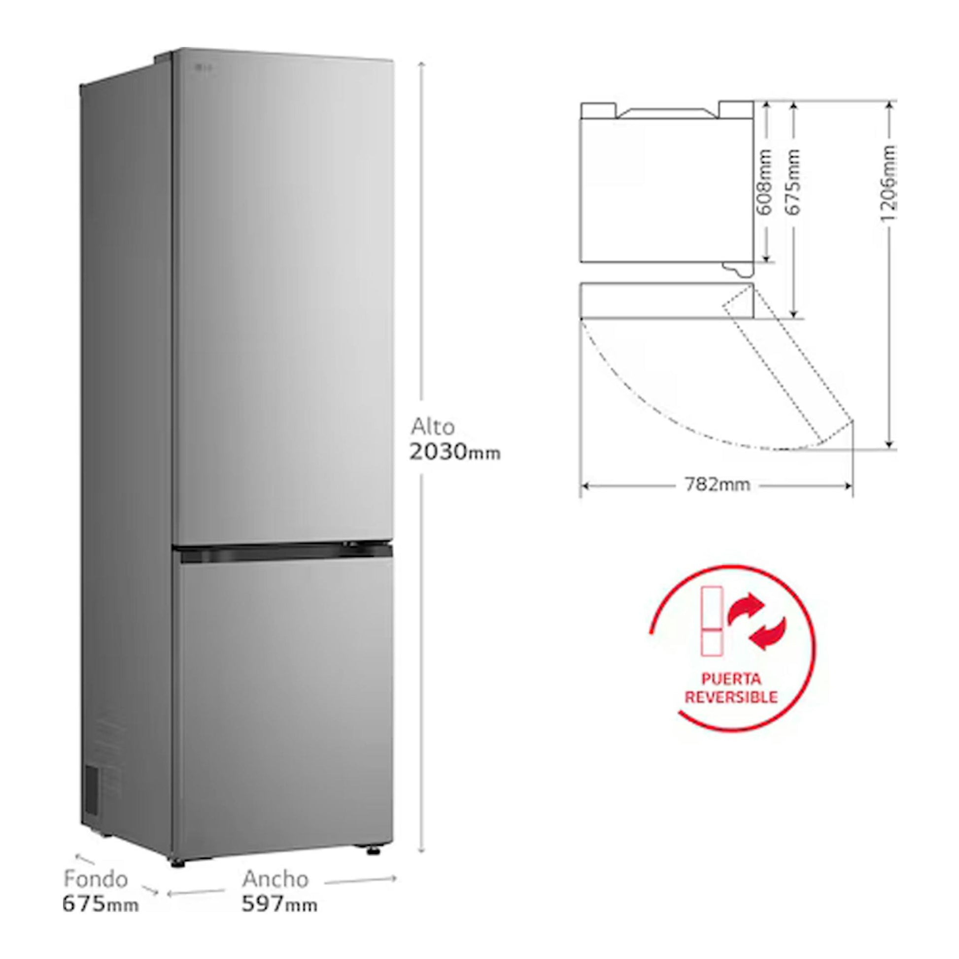 Frigorífico combi LG GBBSJ20EPY inox, vista frontal en ángulo, con medidas y puerta reversible.