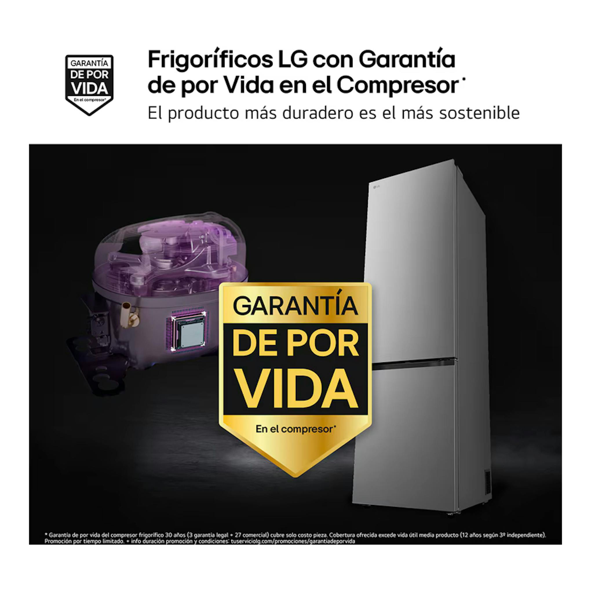 Imagen promocional de un frigorífico combi LG GBBSJ20EPY inox en vista frontal, con compresor y sello de garantía.