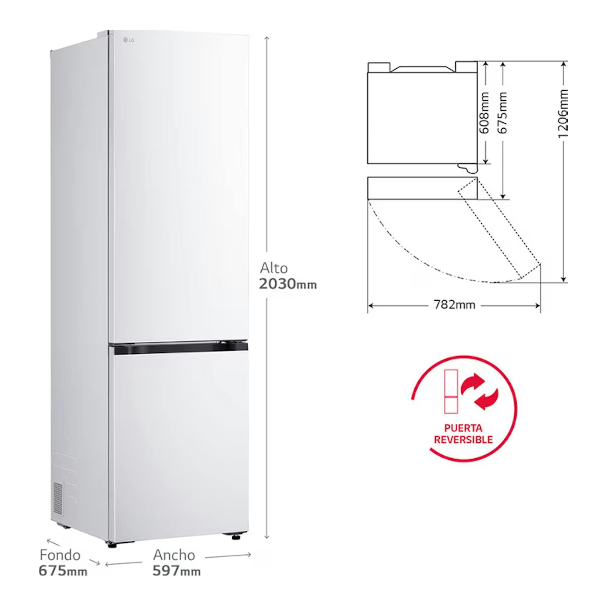 Frigorífico combi LG GBBSJ20ESW blanco, vista frontal y lateral con medidas y puerta reversible.