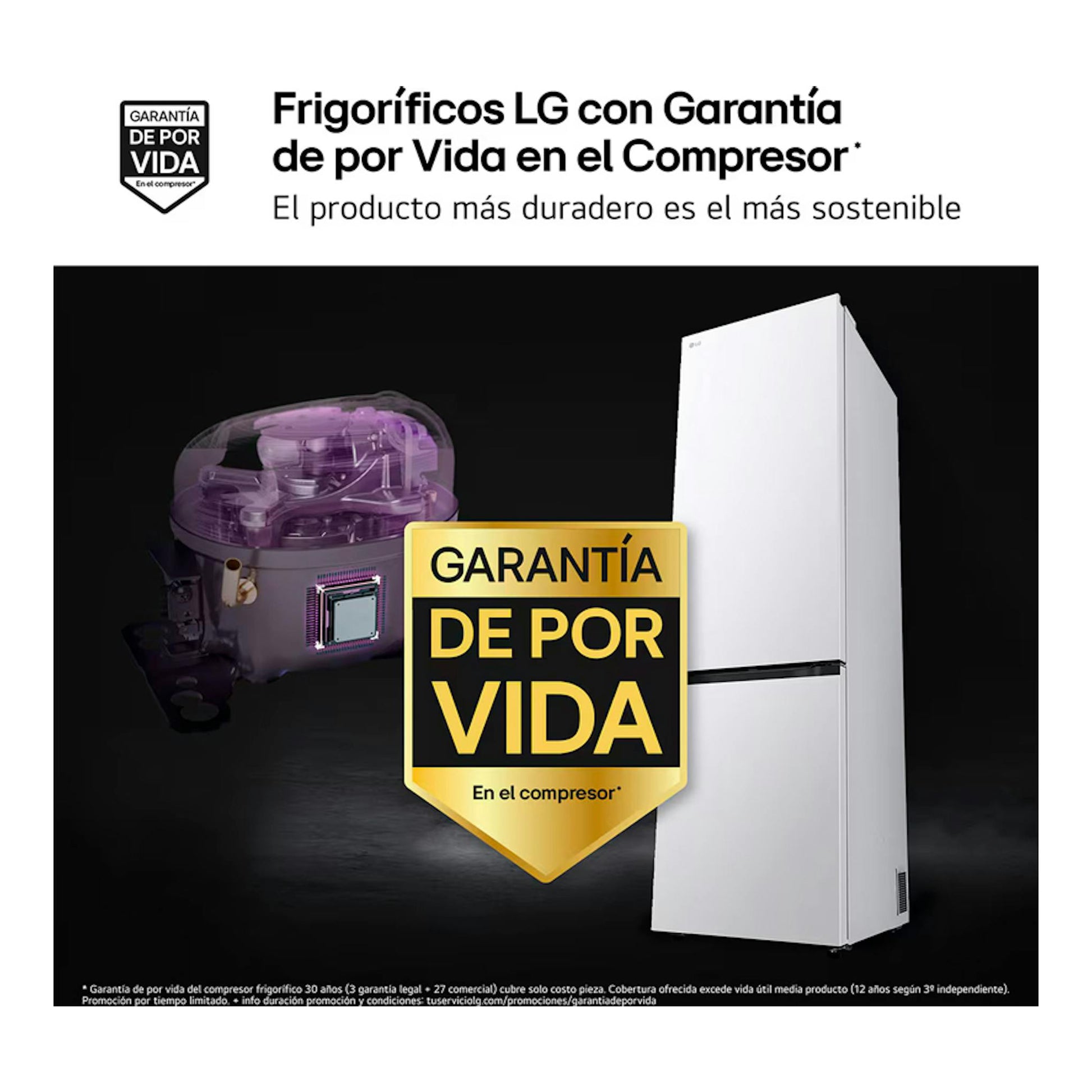 Frigorífico combi LG GBBSJ20ESW blanco, vista frontal en ángulo, junto a sello de garantía del compresor.