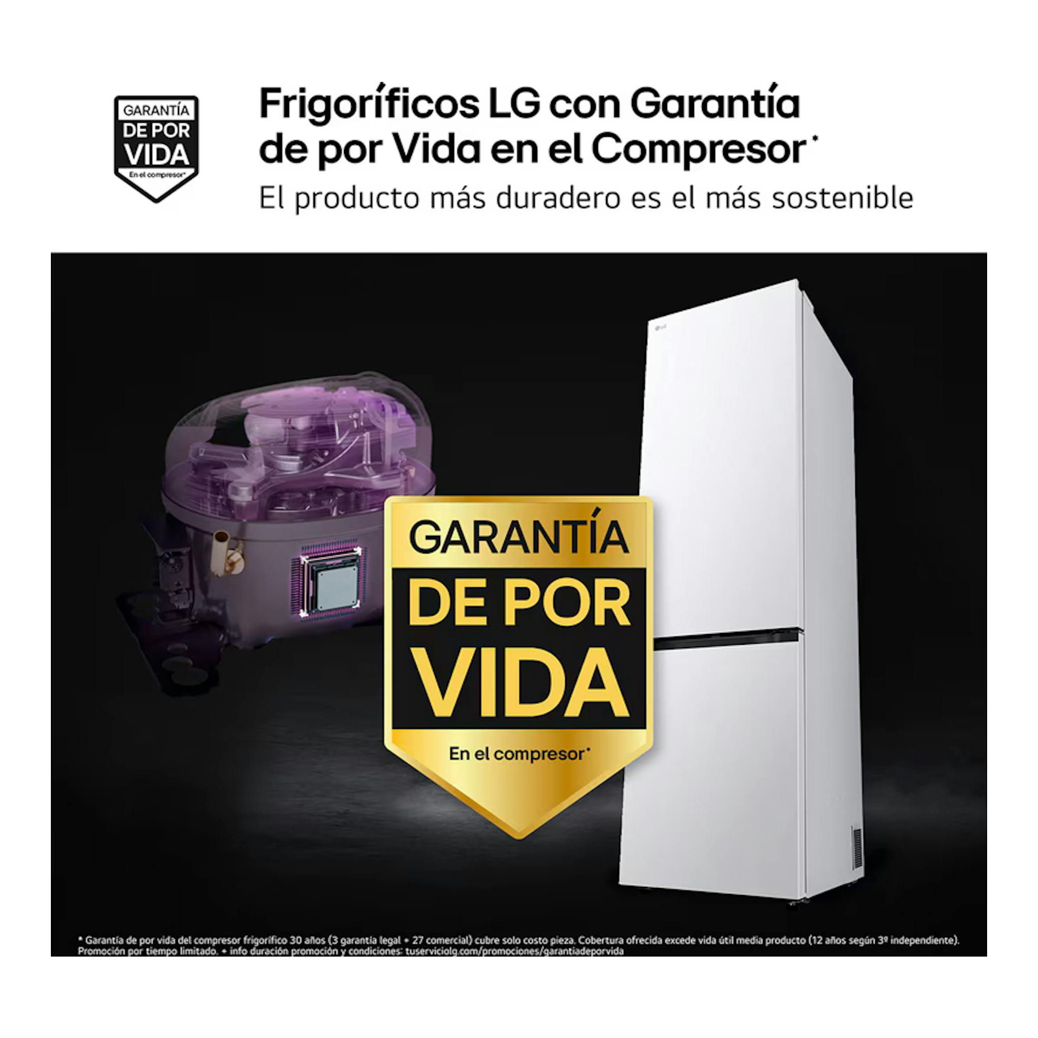 Frigorífico combi LG GBBSJ20ESW blanco, vista frontal en ángulo, junto a sello de garantía del compresor.