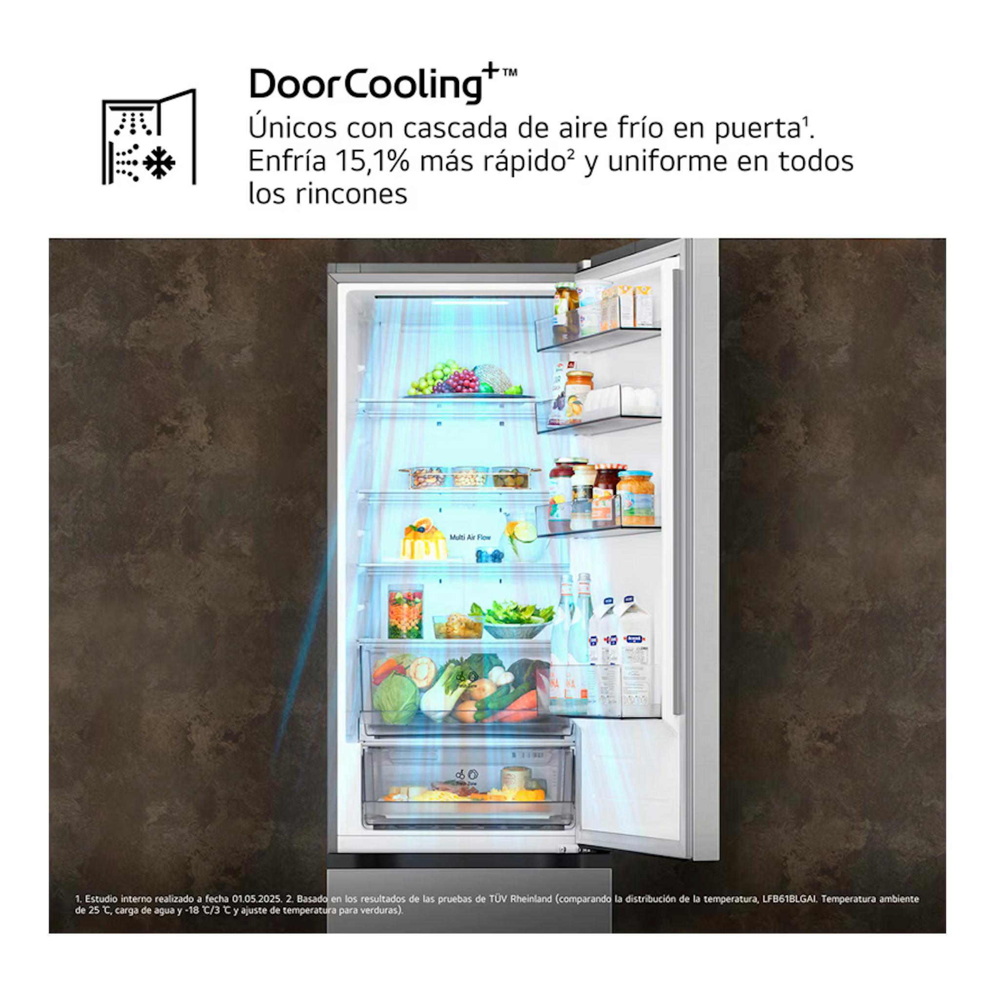Frigorífico combi LG GBBSJ20ESW blanco, vista frontal abierta con estantes y cajón iluminados.