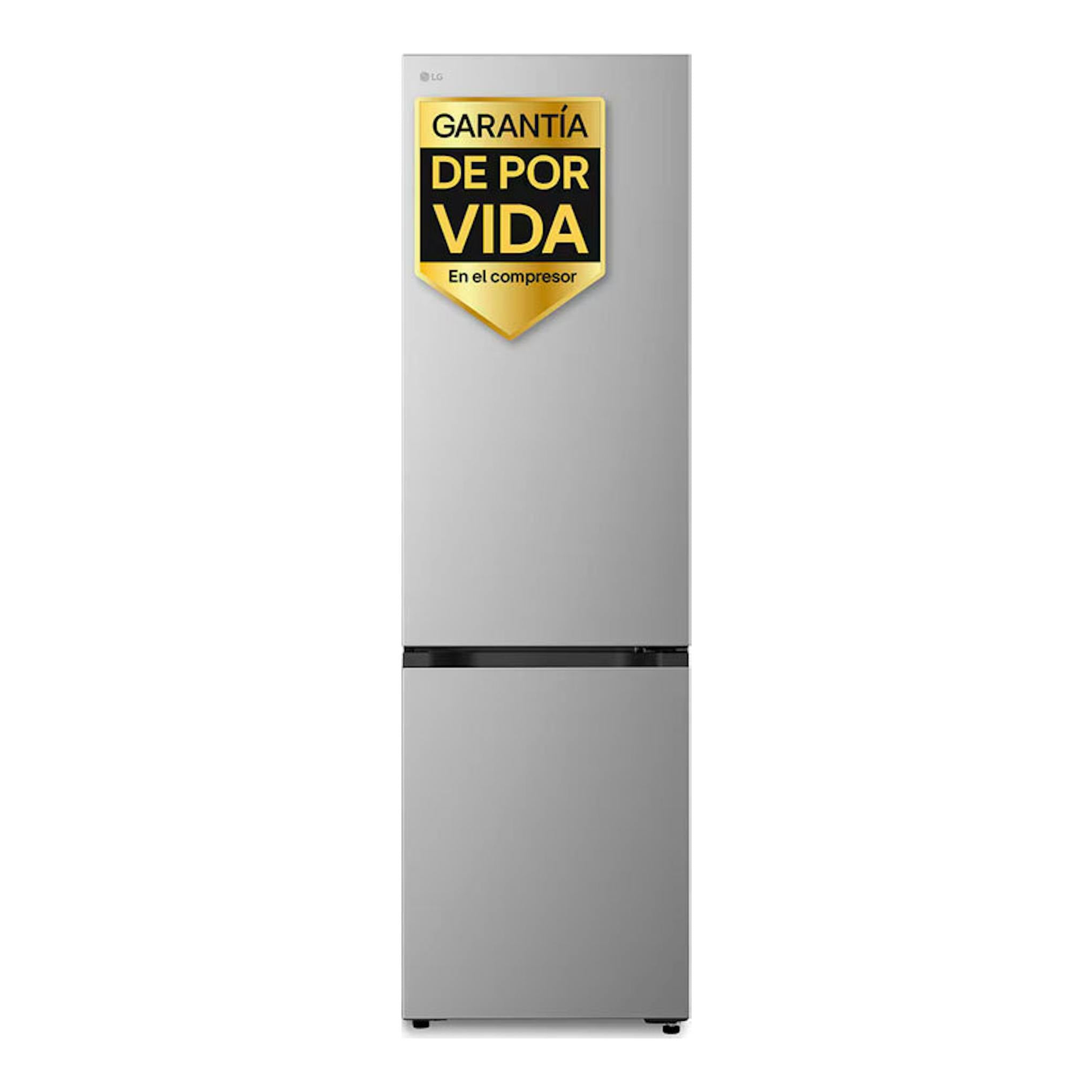 Frigorífico combi LG GBBSJ2CCPY inox, vista frontal, con adhesivo de garantía de por vida en el compresor.