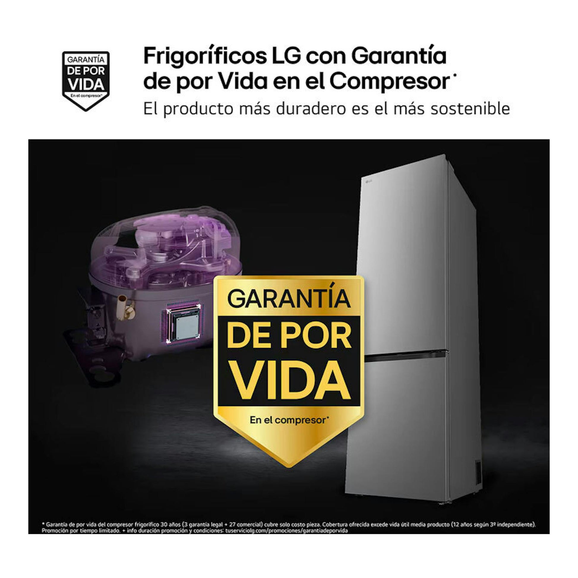 Frigorífico combi LG GBBSJ2CCPY inox, vista frontal, con sello de garantía de por vida y compresor.