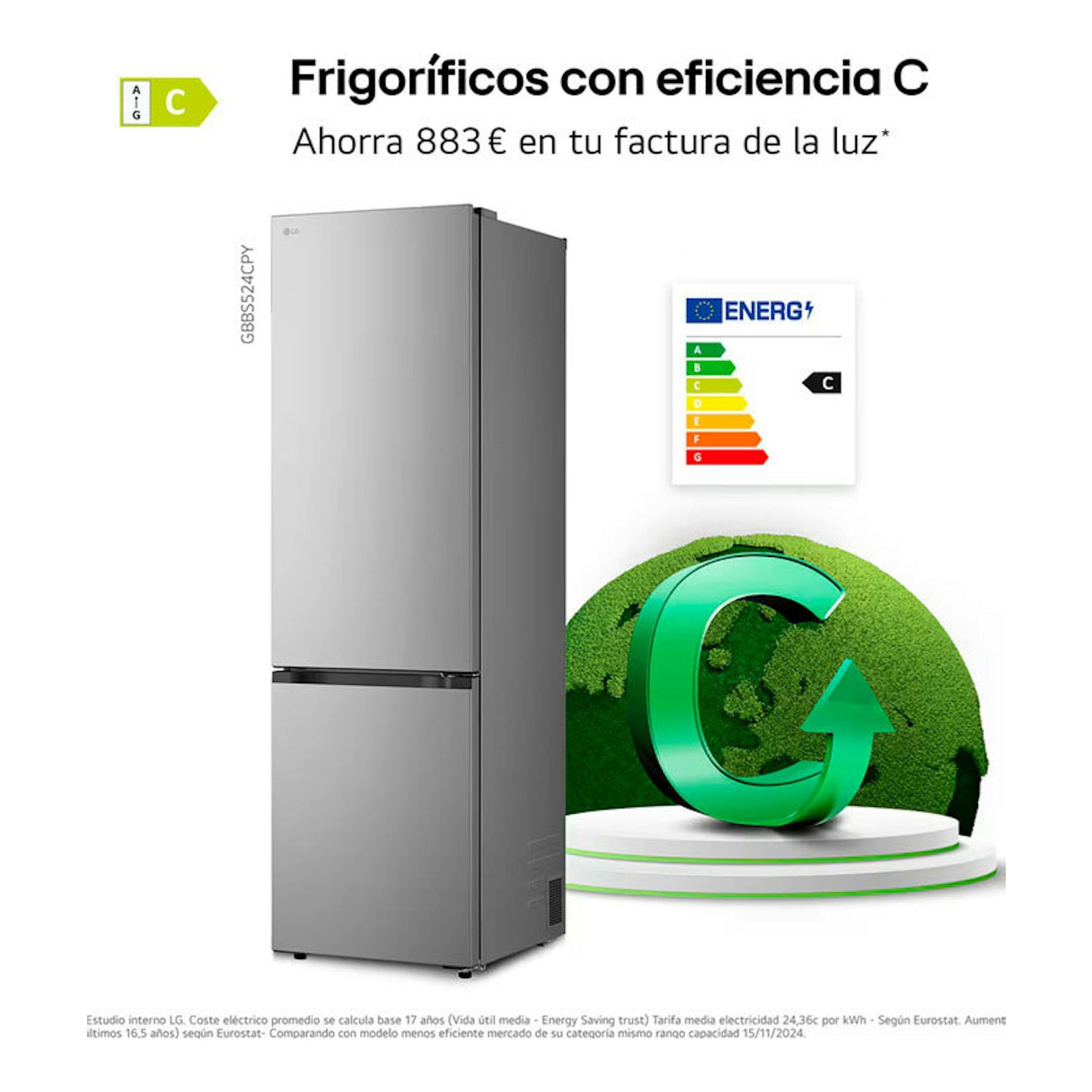 Frigorífico combi LG GBBSJ2CCPY inox, vista frontal en ángulo, con etiqueta energética C.