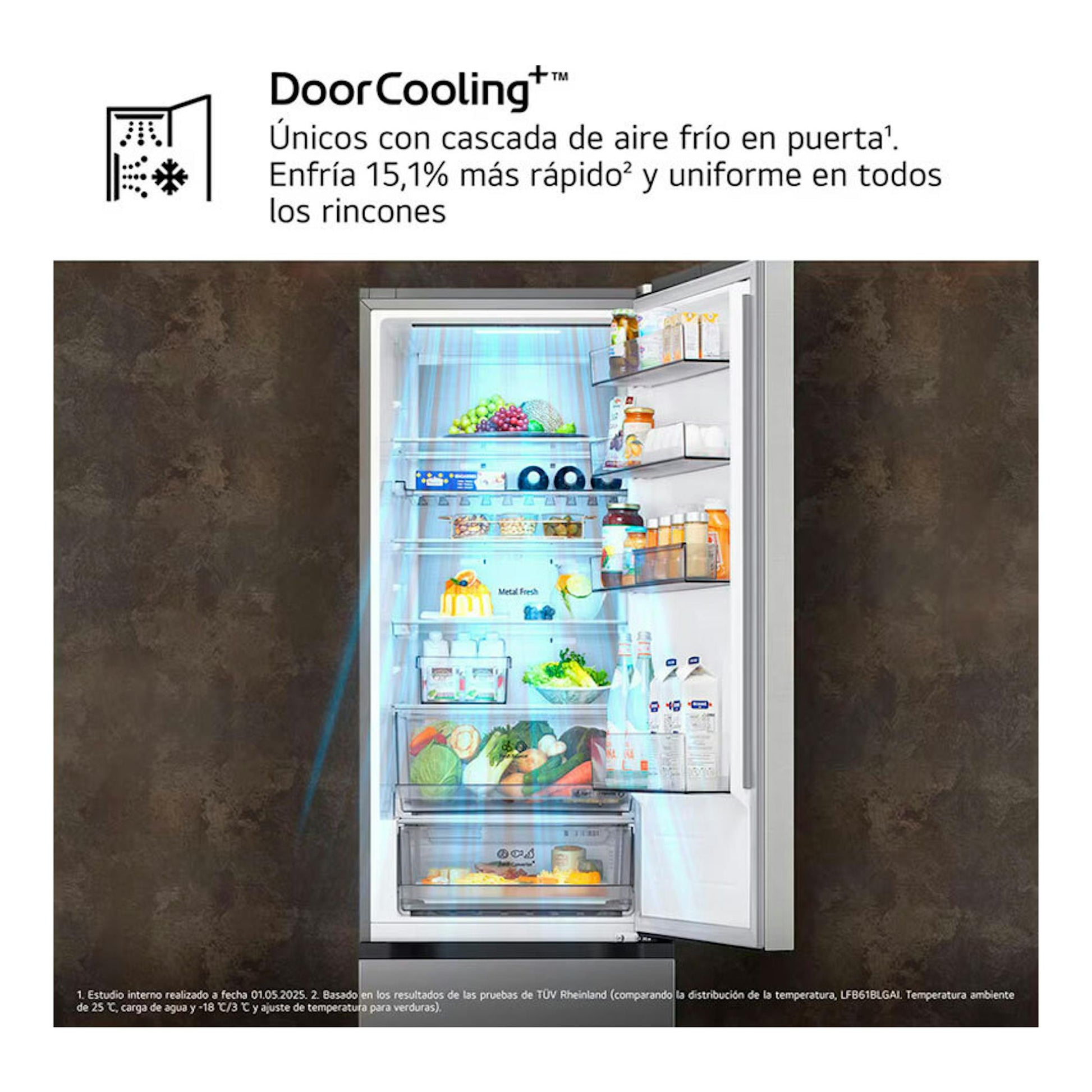 Frigorífico combi LG GBBSJ2CCPY inox, vista frontal con puerta abierta y compartimentos llenos.