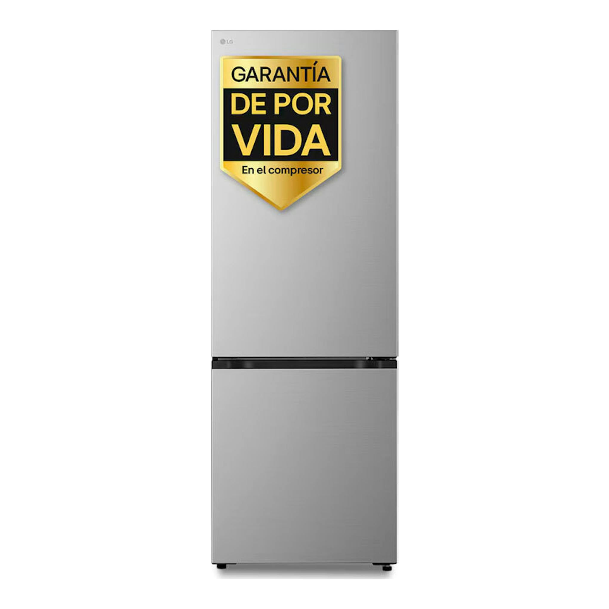 Frigorífico combi LG GBBW322DPY inox, vista frontal, con dos puertas y etiqueta de garantía en el frontal.