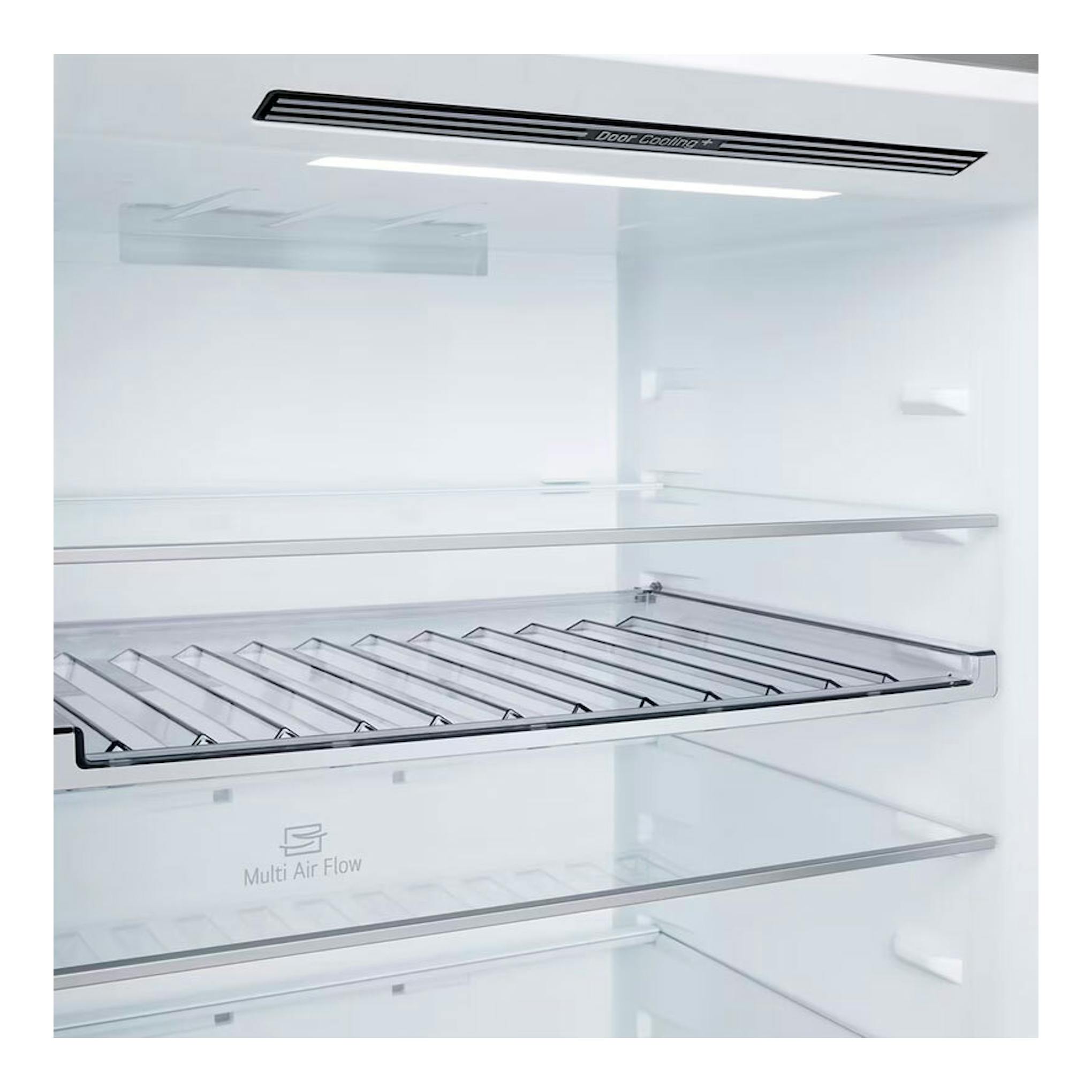 Interior de frigorífico combi LG GBBW322DPY Inox, vista frontal de baldas de cristal y cajón metálico.