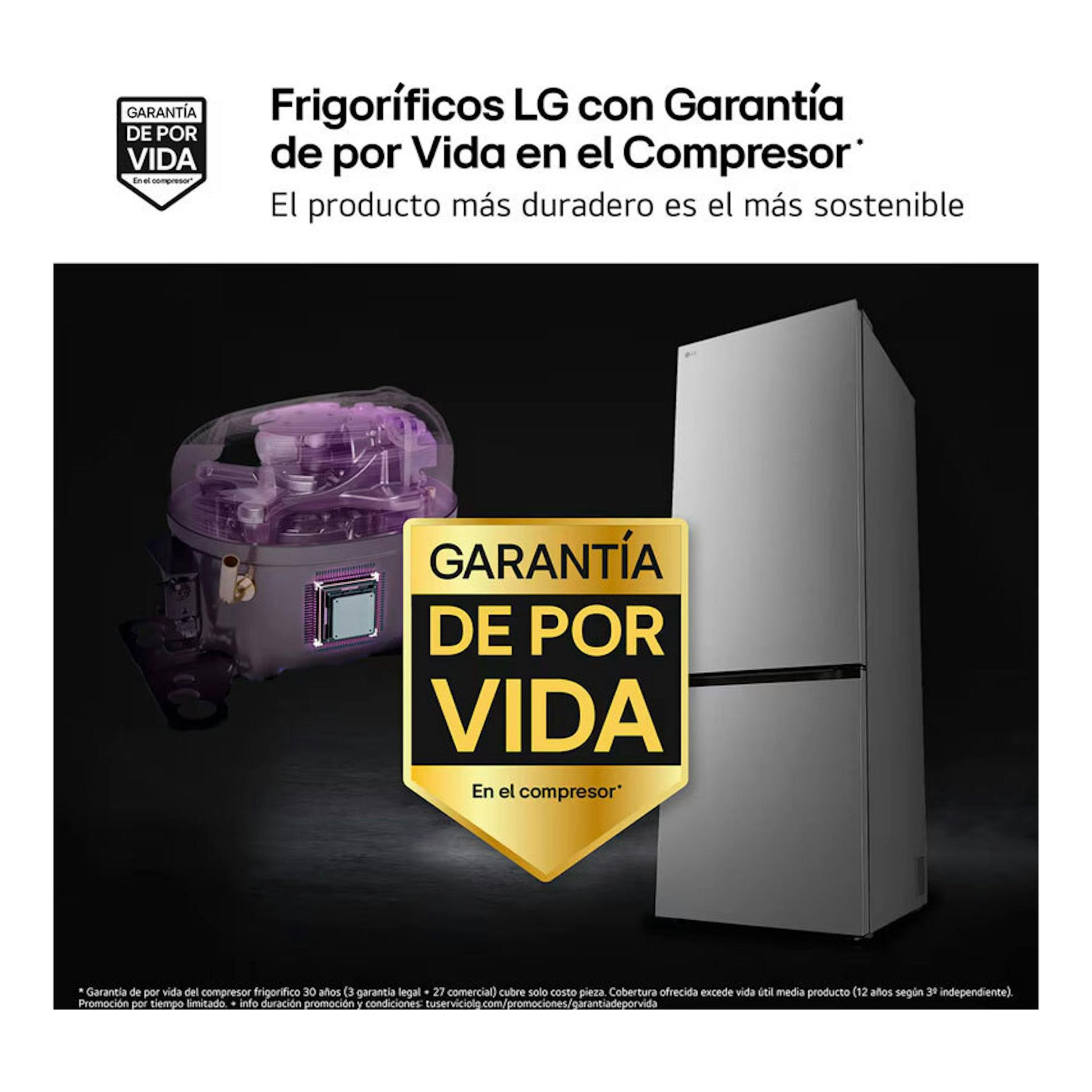 Frigorífico combi LG GBBW322DPY inox, vista frontal en 3/4, junto a sello de garantía de por vida.