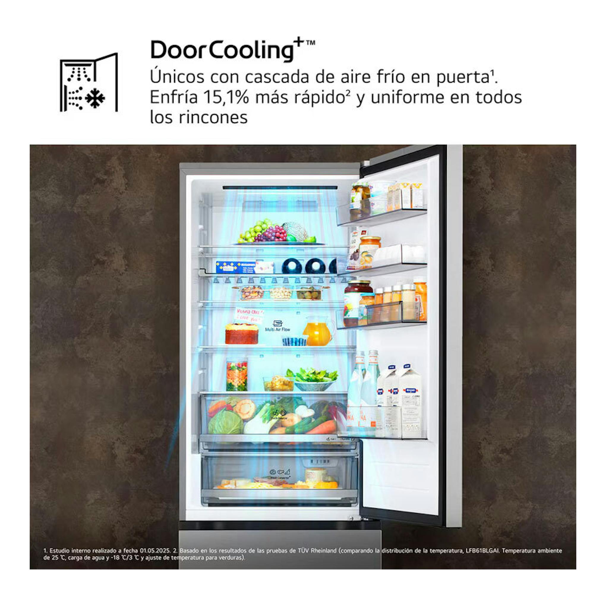 Frigorífico combi LG GBBW322DPY inox, vista frontal con la puerta abierta y el interior iluminado.