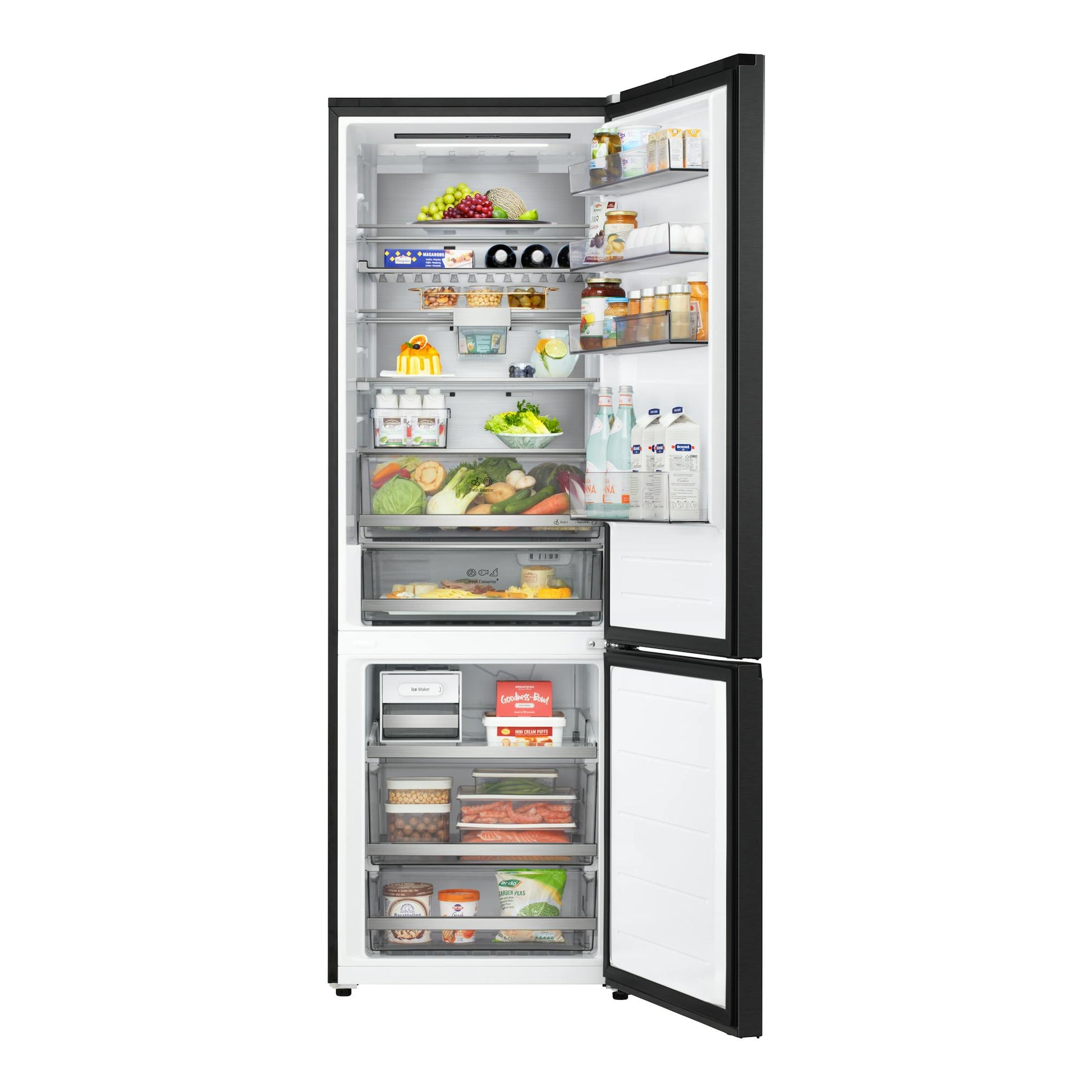 Frigorífico combi LG GBBW726CEV negro, vista frontal con puertas abiertas y compartimentos interiores visibles.