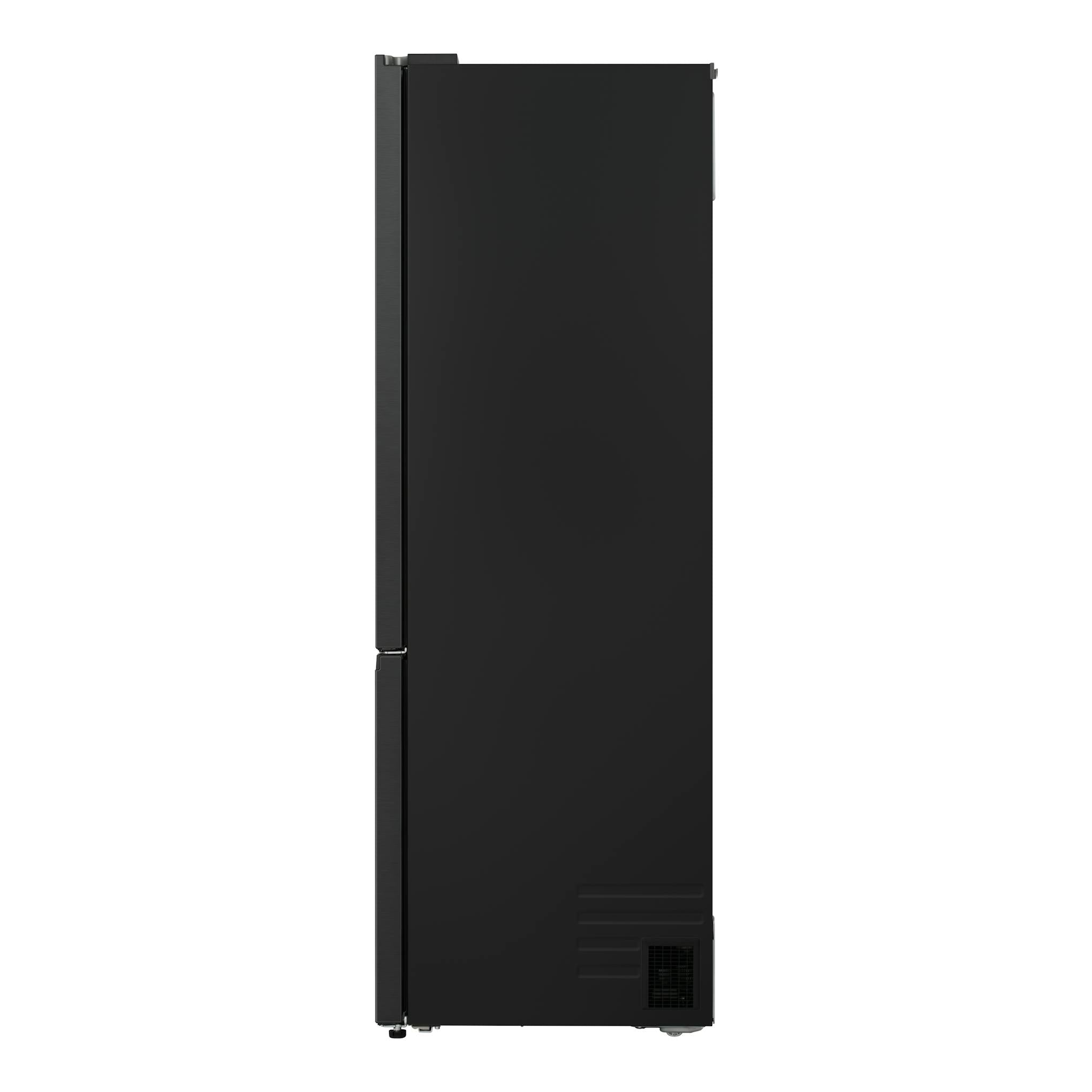 Frigorífico combi LG GBBW726CEV negro, vista frontal, dos puertas con congelador inferior.