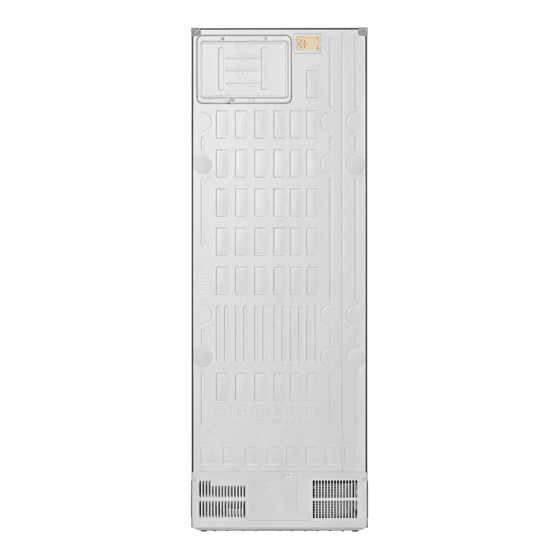 Frigorífico combi LG GBBW726CEV, vista trasera, acabado plateado, con rejillas y panel técnico.